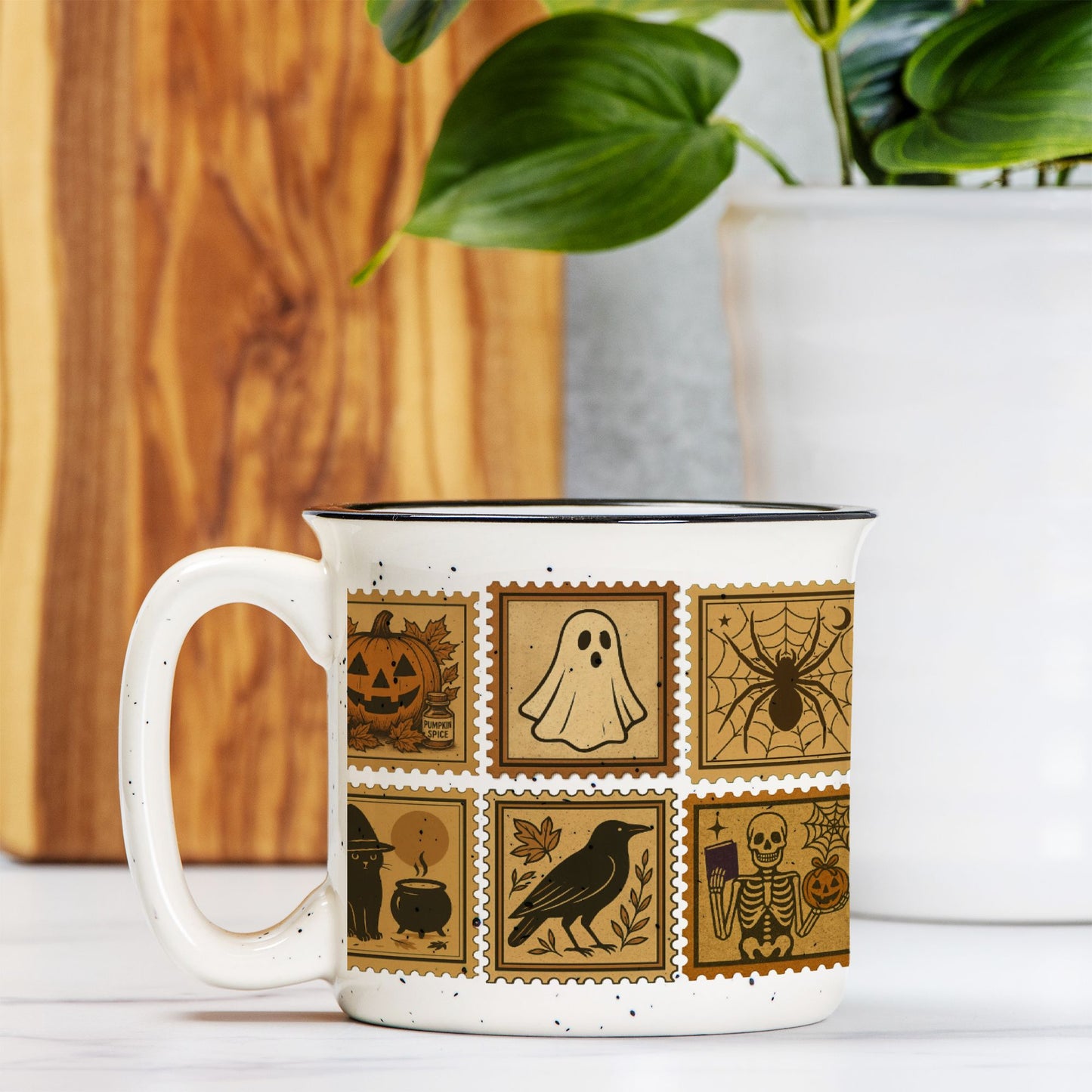Vintage Halloween Camping Mug Gift Pumpkins, Ghost and Cats