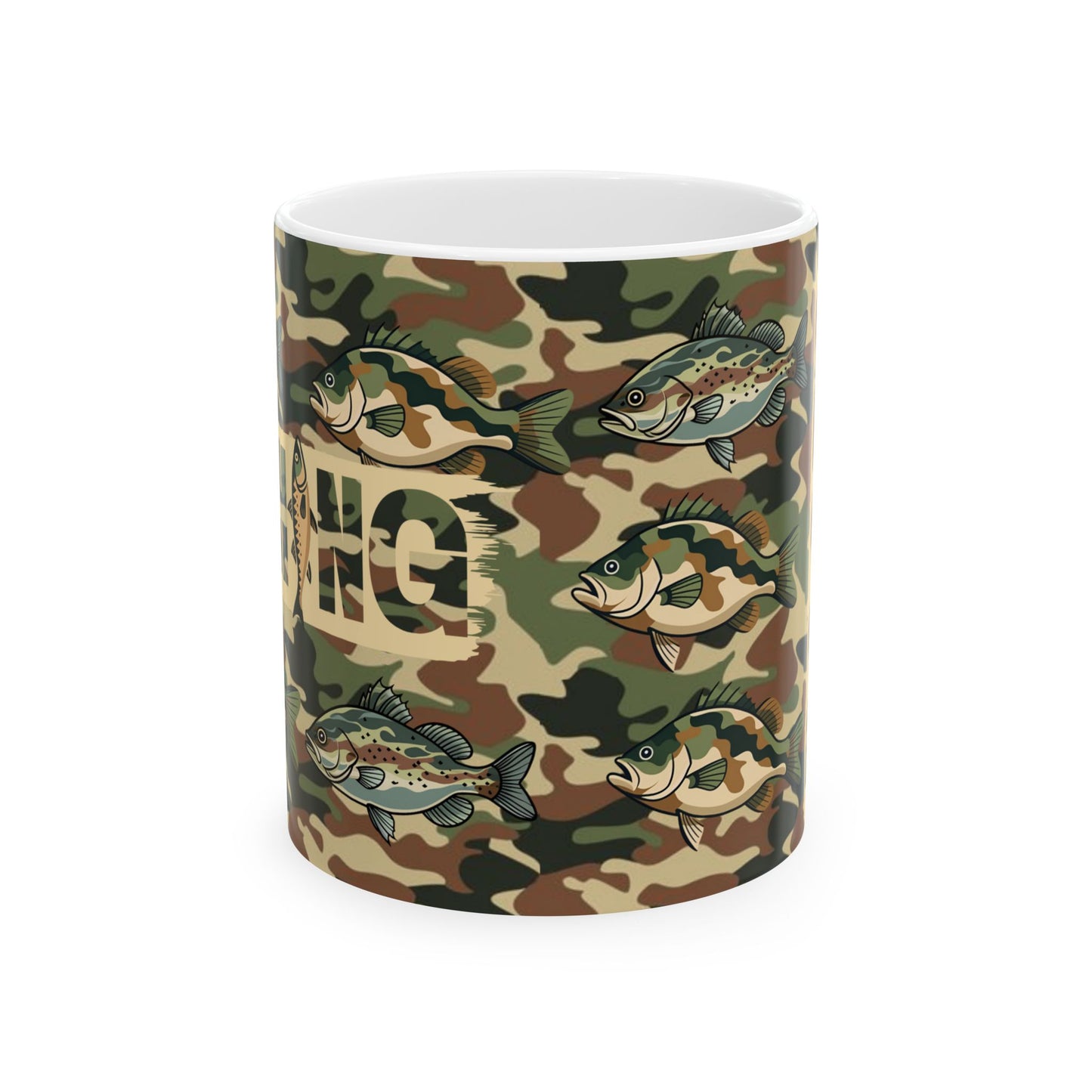 Ceramic mug with camouflage design and fish illustrations on a white background