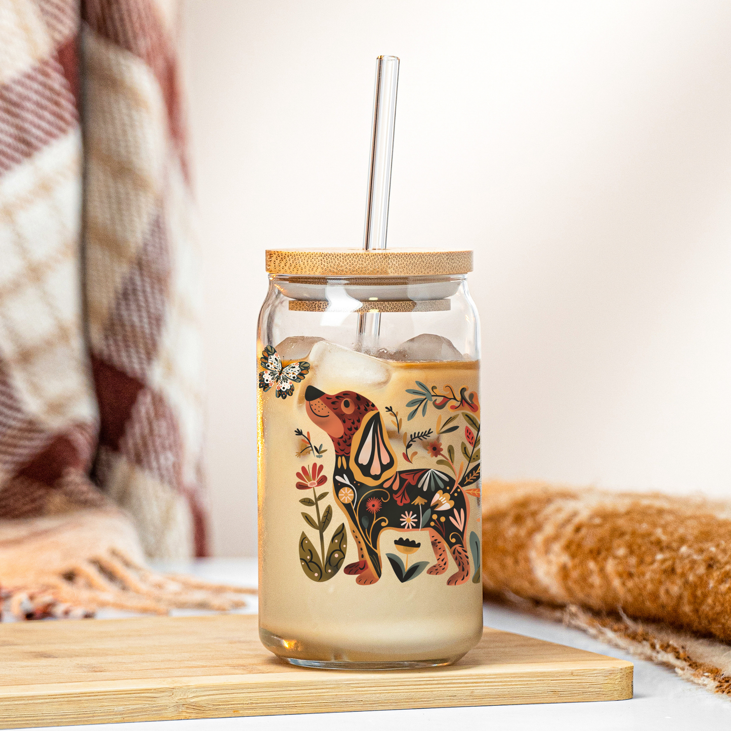 Dog Lover Glass Tumbler Gift Nordic Folk Art Dog Mama Gift