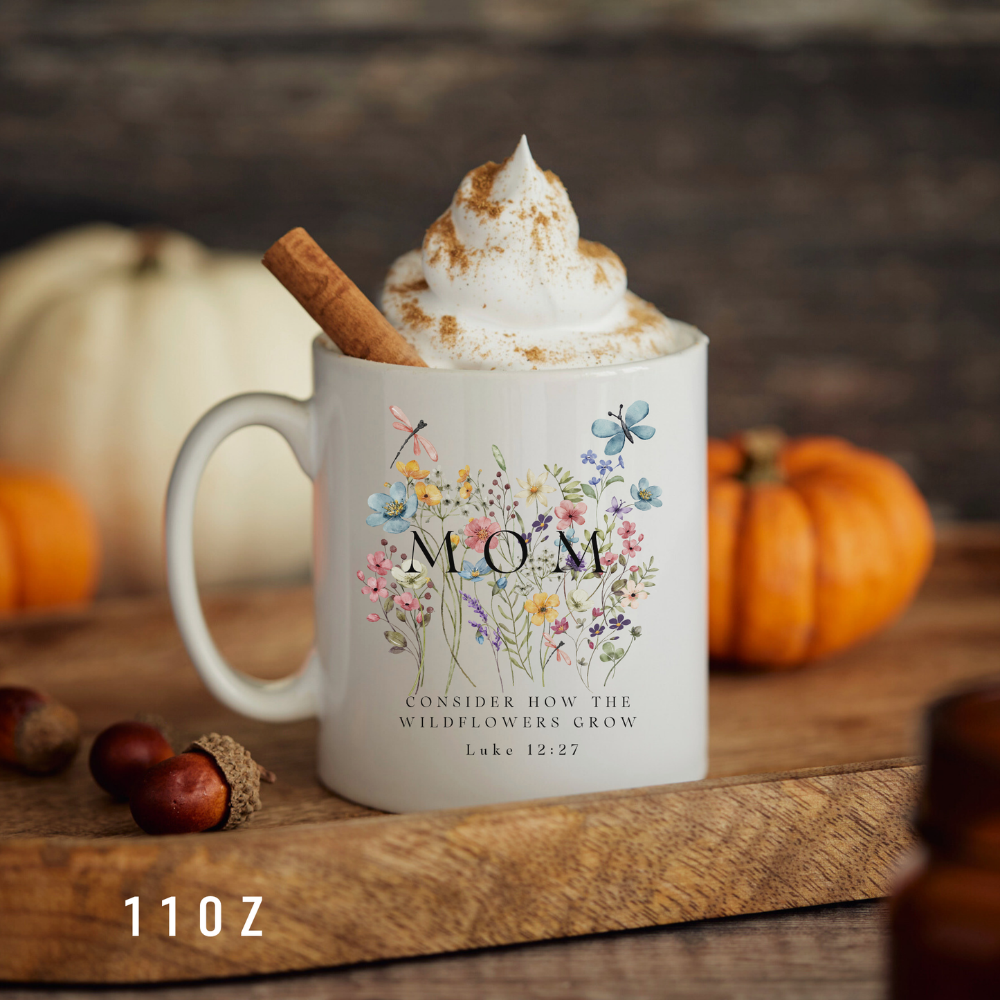 Floral themed mug with bible verse 'consider how wildflowers grow'- unique gift for mothers day