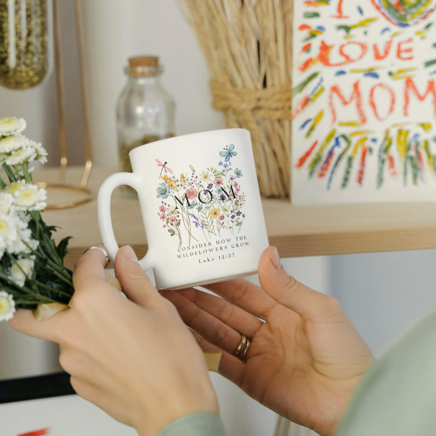 Floral themed mug with bible verse 'consider how wildflowers grow'- unique gift for mothers day