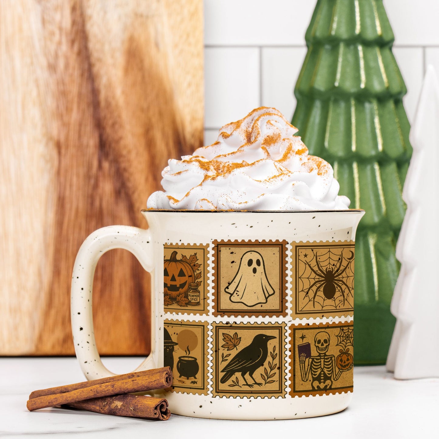 Vintage Halloween Camping Mug Gift Pumpkins, Ghost and Cats