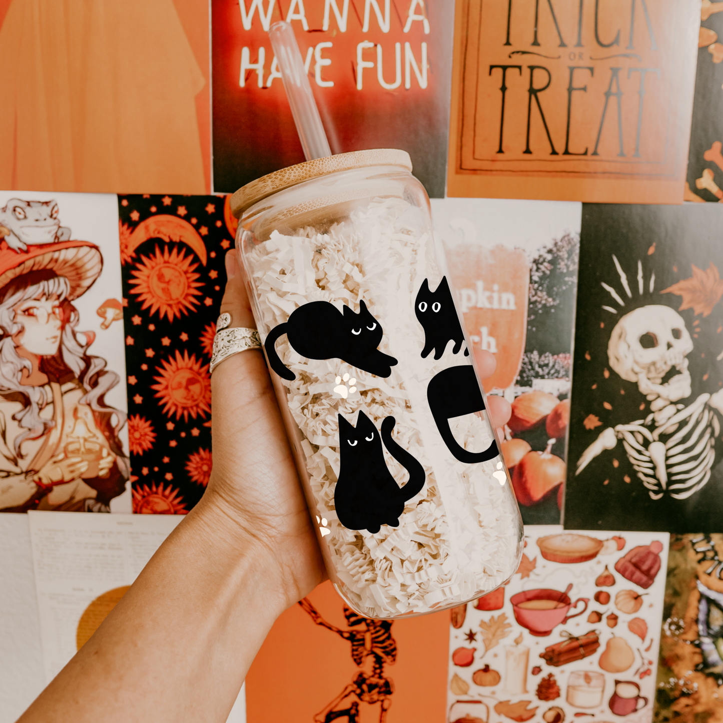 Cat Tumbler Iced Coffee Glass Gift for Cat lover Halloween and fall season