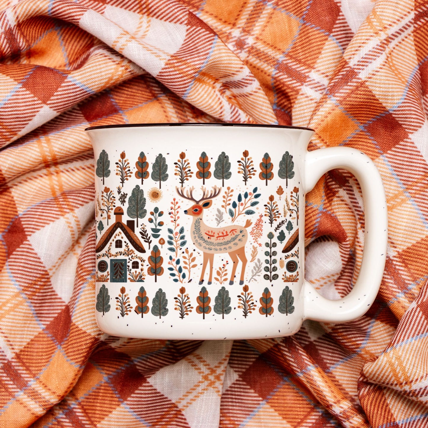 Deer Mountain Trees Mug Camping lover Scandinavian Folk Art design
