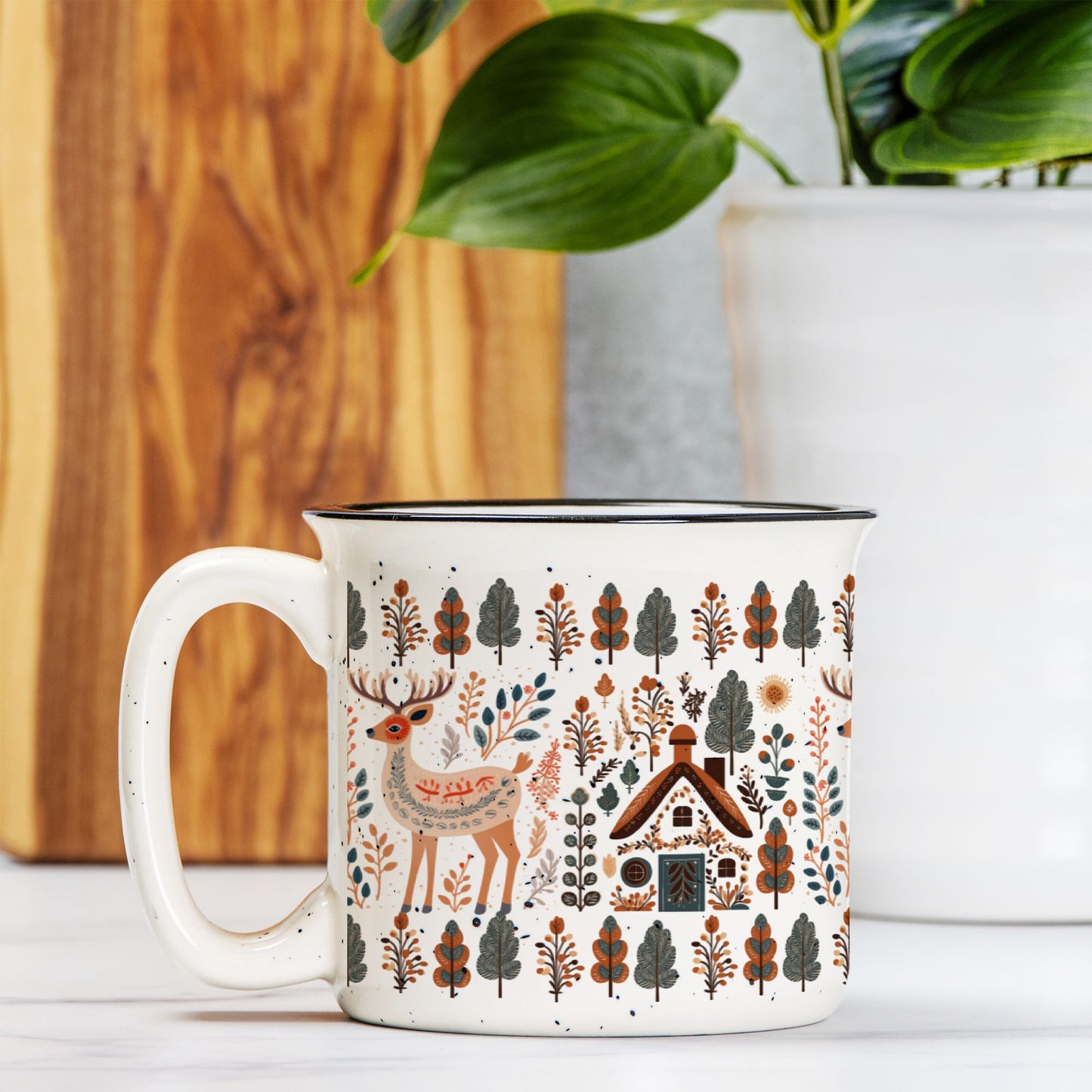 Deer Mountain Trees Mug Camping lover Scandinavian Folk Art design