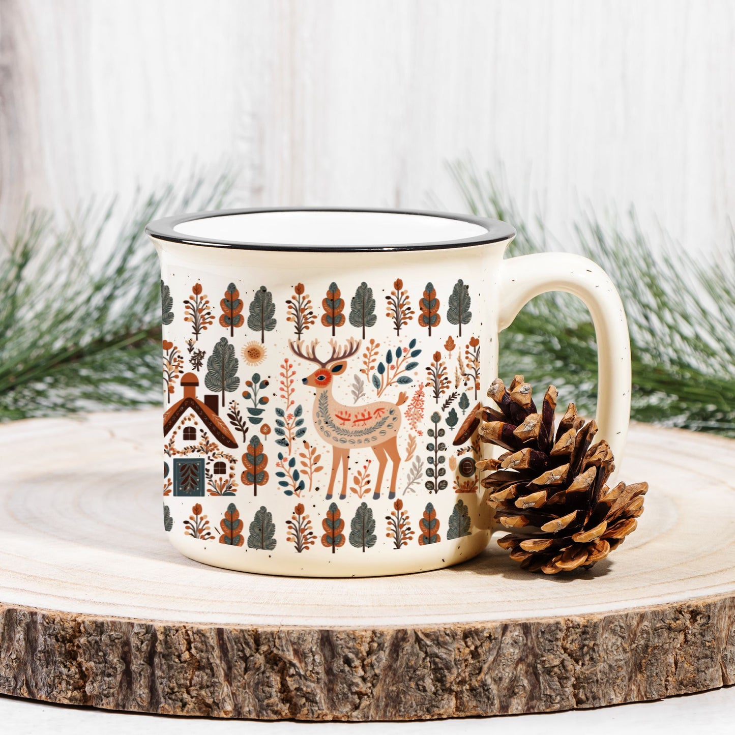 Deer Mountain Trees Mug Camping lover Scandinavian Folk Art design