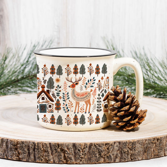 Deer Mountain Trees Mug Camping lover Scandinavian Folk Art design