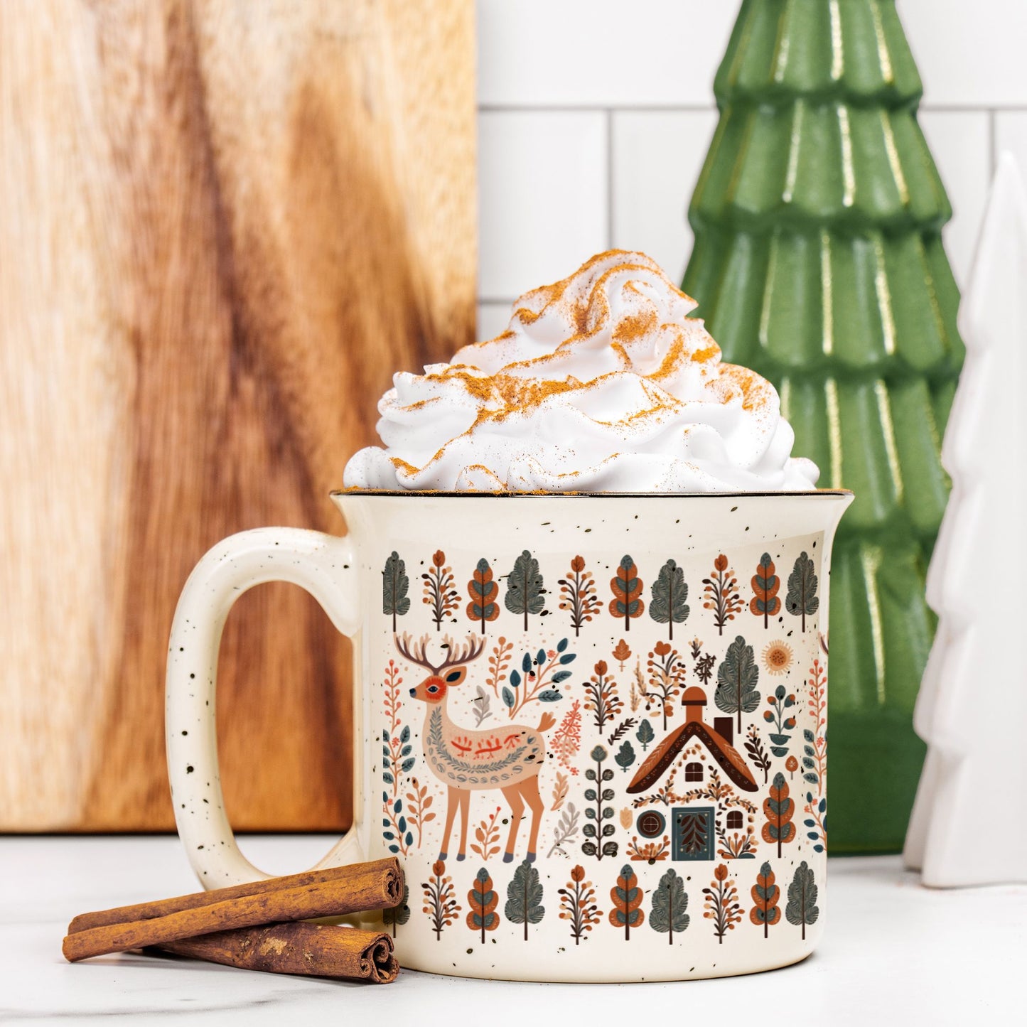 Deer Mountain Trees Mug Camping lover Scandinavian Folk Art design