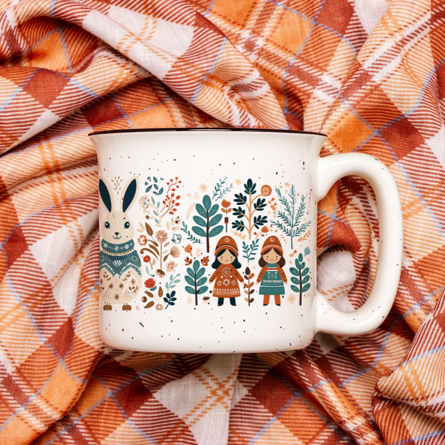 Rabbit Mug Folk Art Scandinavian decor, Easter Rabbit Floral Mom Mug