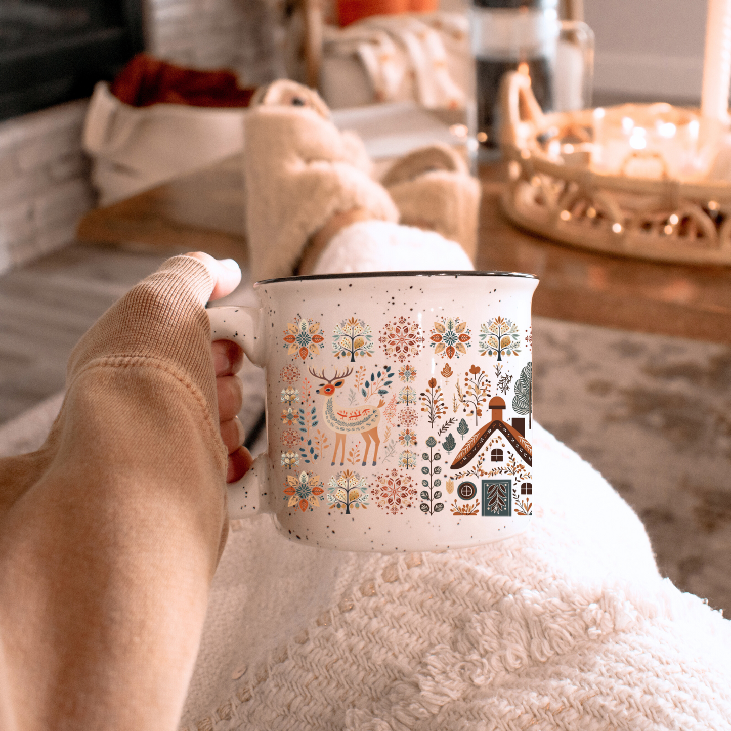 Nordic Folk Art Deer Mug Scandinavian design - Ceramic Stoneware Pottery