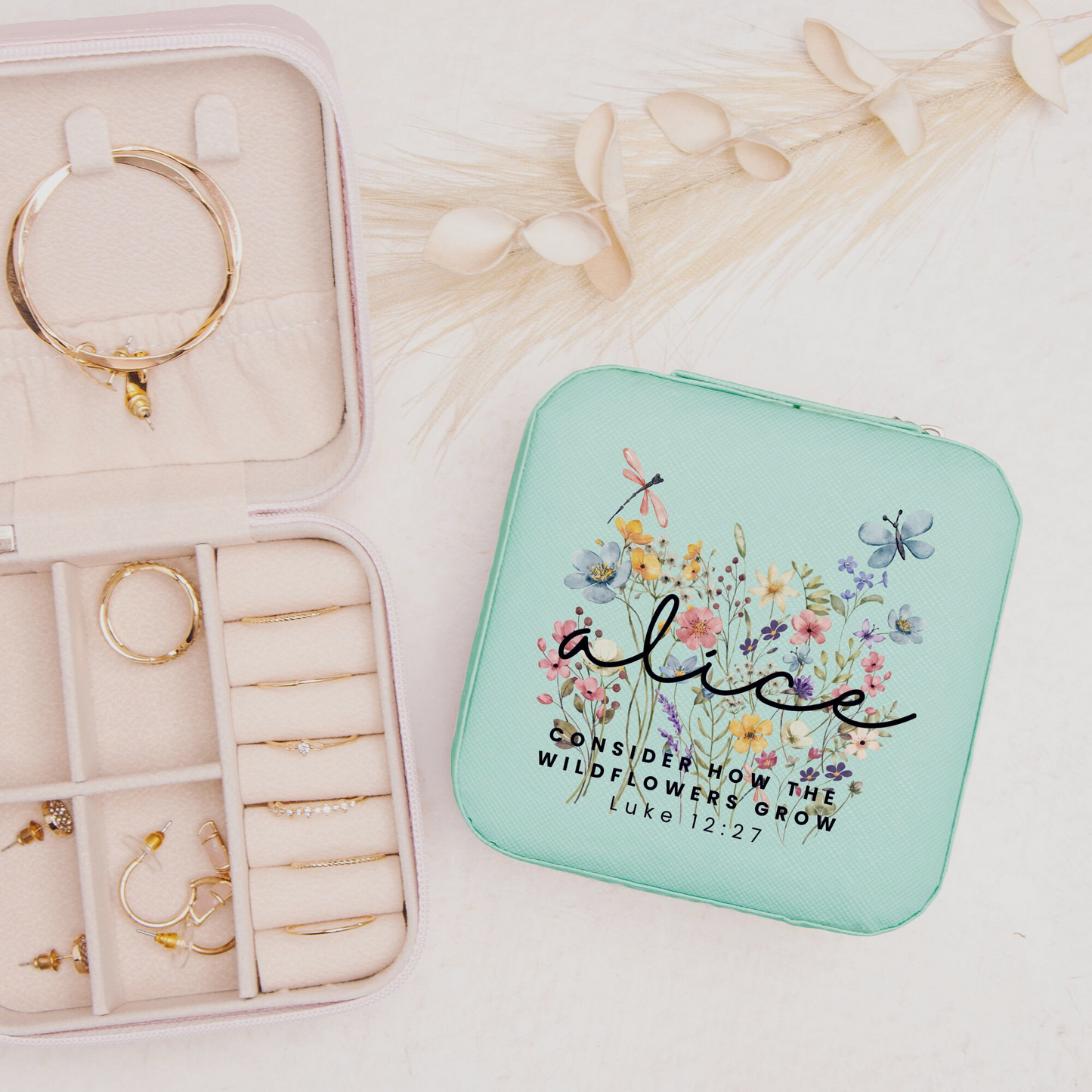 Floral Jewelry Travel Case with custom name and bible verse - Gift for Girl or Bridesmaids