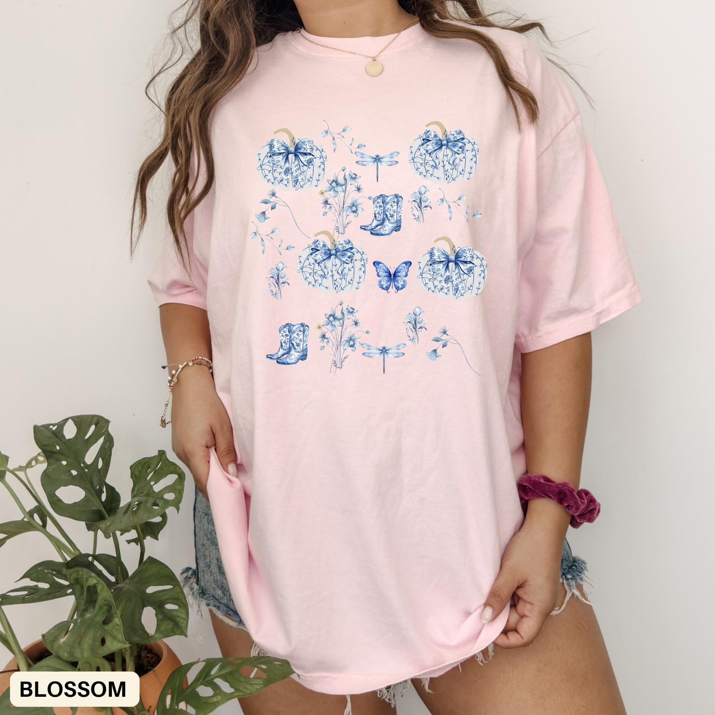 Blue Coquette Pumpkin T-Shirt-Fall Pumpkin Patch Outfit