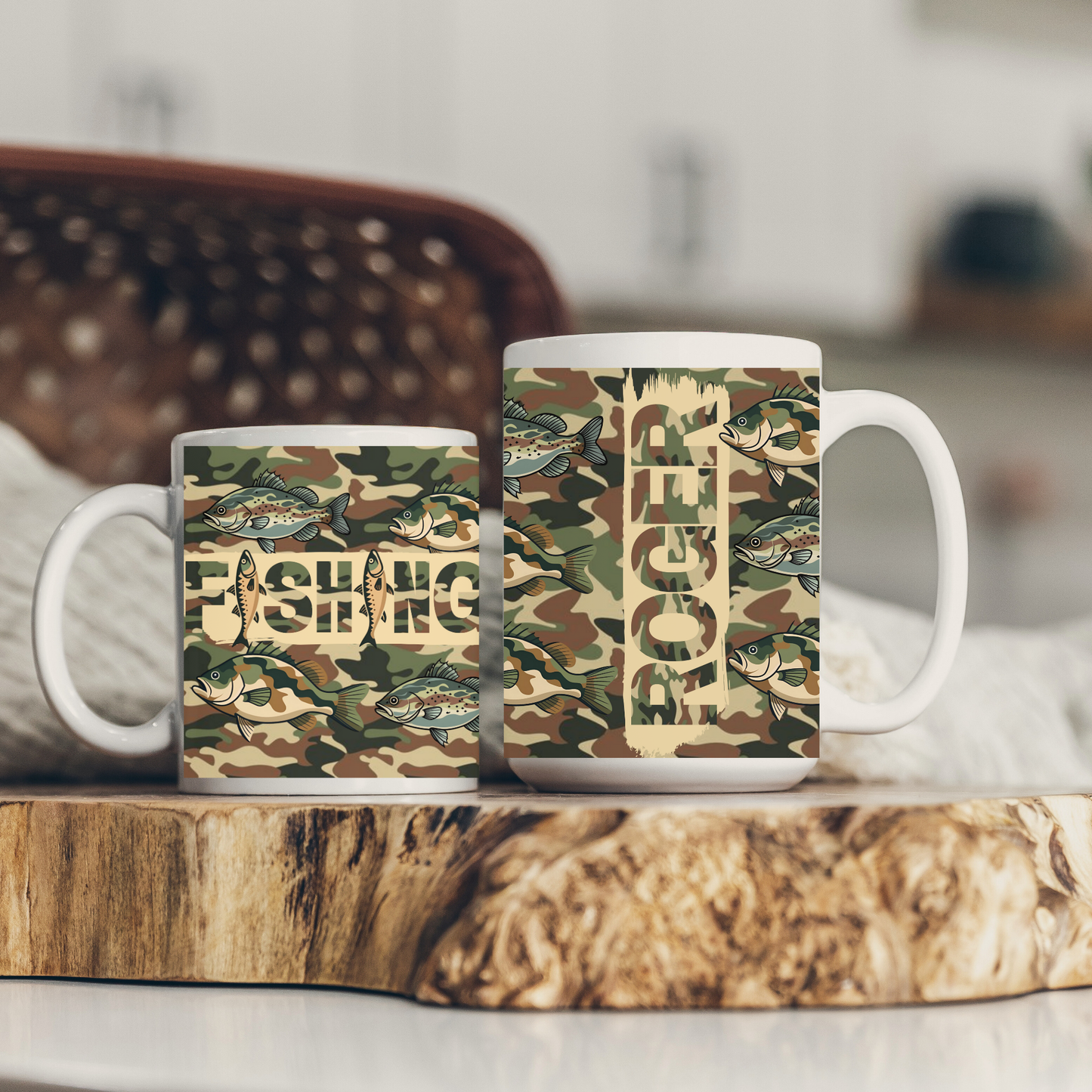 ceramic coffee mug with a camouflage design of fishing and customizable with a name in camo letters