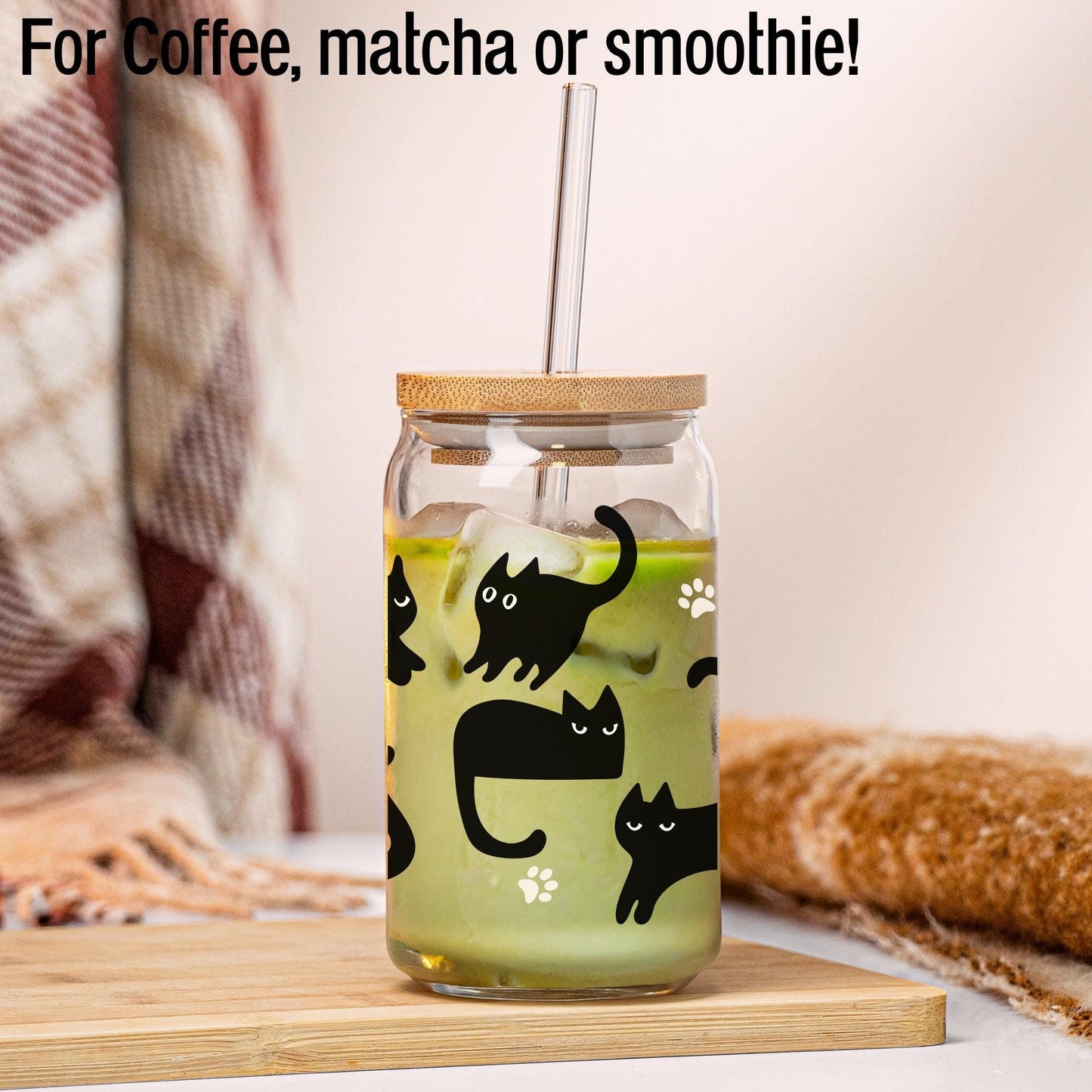 Glass soda can themed with black cats and pawns includes bamboo lid and straw-perfect gift for cat lover and fall season
