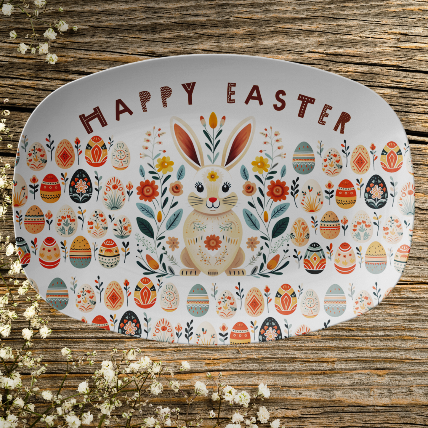 Easter Table decor platter for spring party, Bunny Folk Art platter Gift