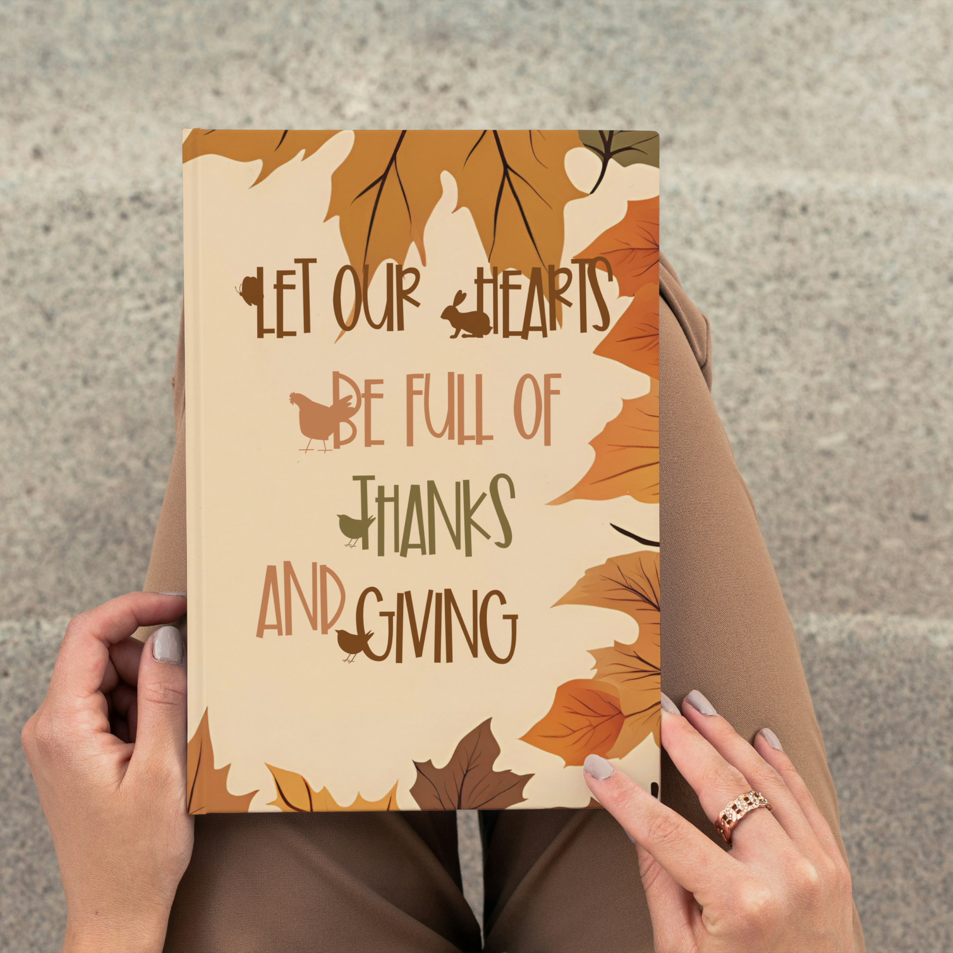 Notebook with autumn design and text "Let our hearts be full of thanks and giving", this soft cover journal is the perfect thank you gift for fall season