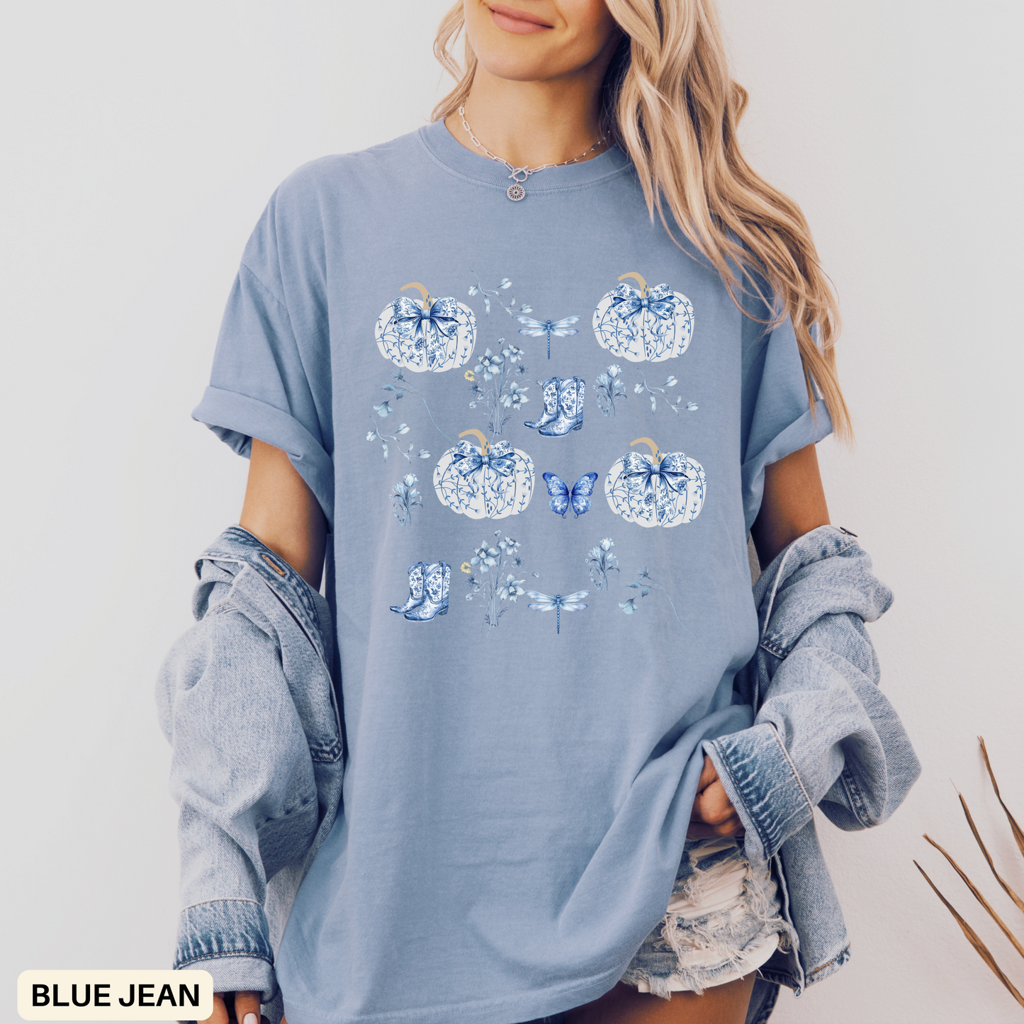 Blue Coquette Pumpkin T-Shirt-Fall Pumpkin Patch Outfit