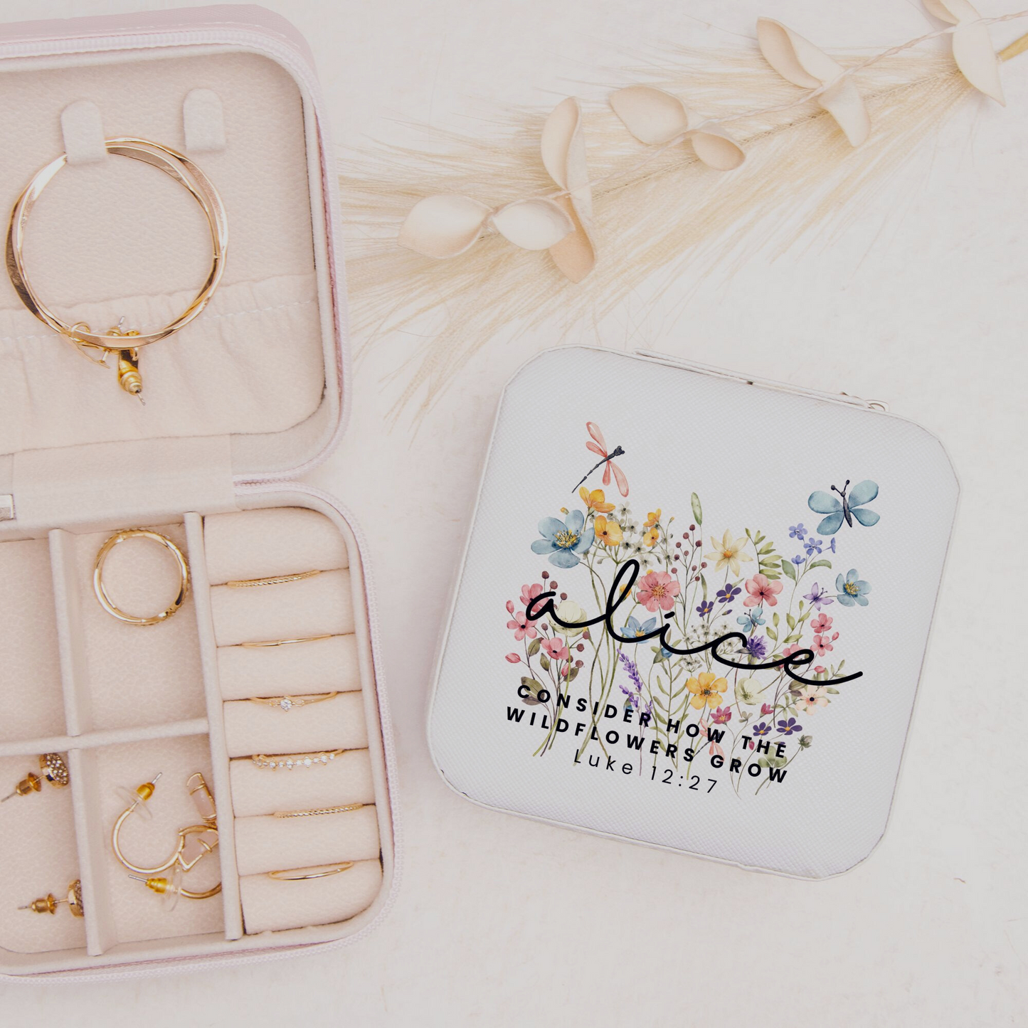 Floral Jewelry Travel Case with custom name and bible verse - Gift for Girl or Bridesmaids