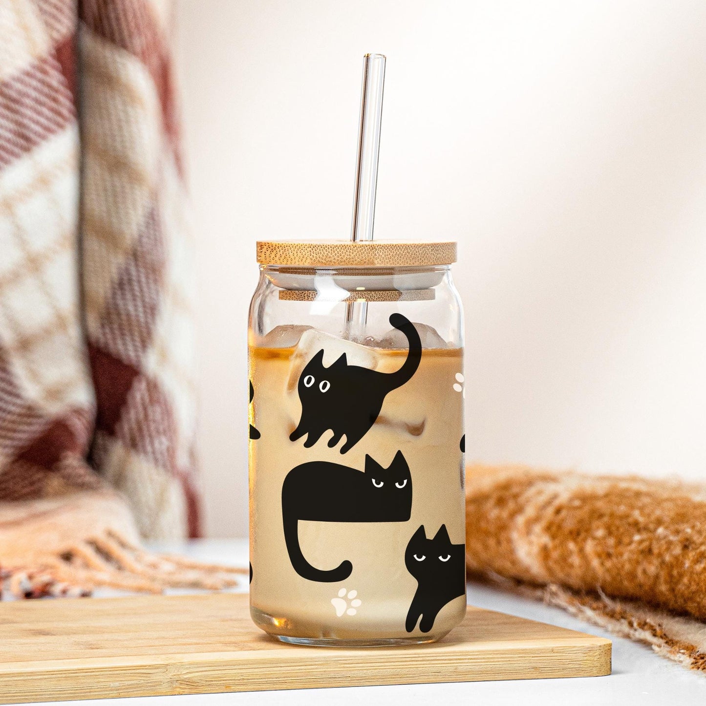 Cat Tumbler Iced Coffee Glass Gift for Cat lover Halloween and fall season