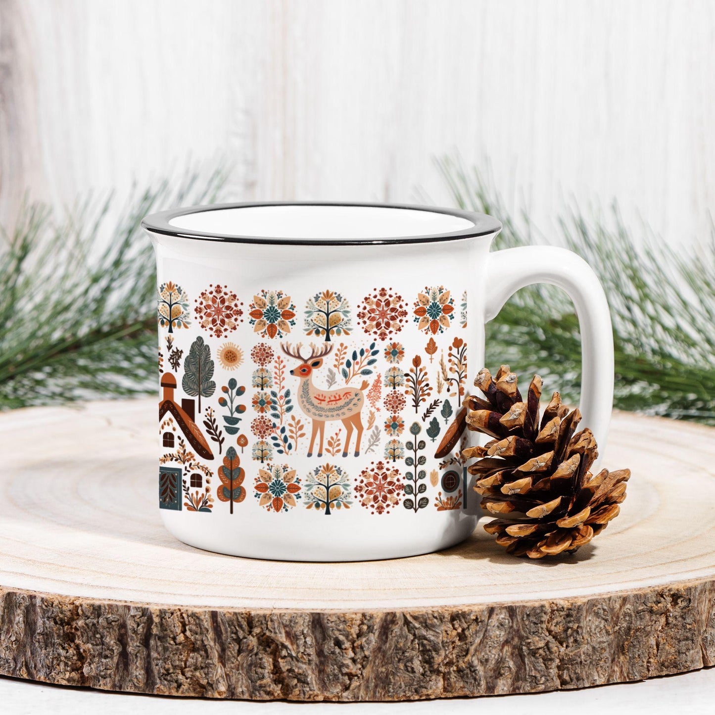 Deer Nordic Mug Folk Art Gift - Scandinavian Decor Mountains Cabin