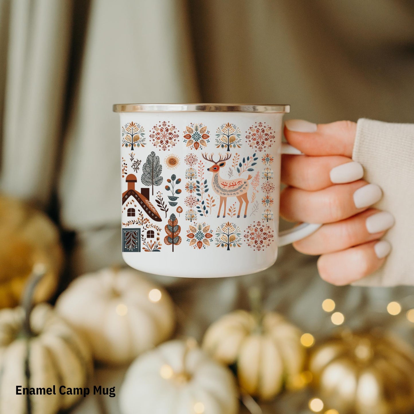 Deer Nordic Mug Folk Art Gift - Scandinavian Decor Mountains Cabin