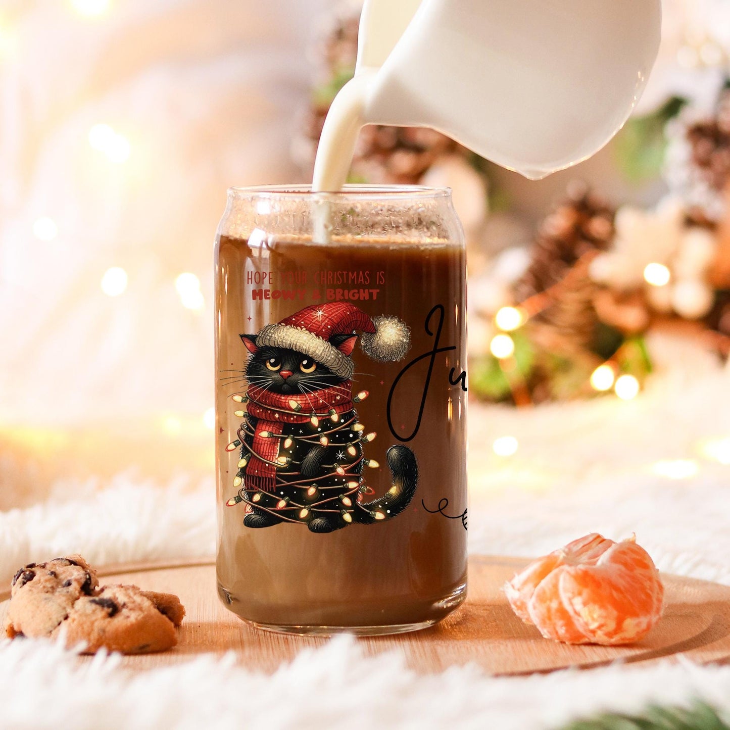 Christmas Cat Glass Tumbler Holiday Gift for Friends and family