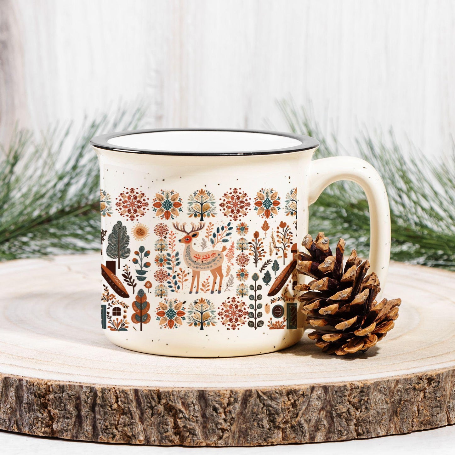 Deer Nordic Mug Folk Art Gift - Scandinavian Decor Mountains Cabin