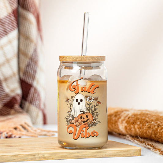 Fall Ghost Vibes Coffee Glass Cup for Halloween and thanksgiving gifts