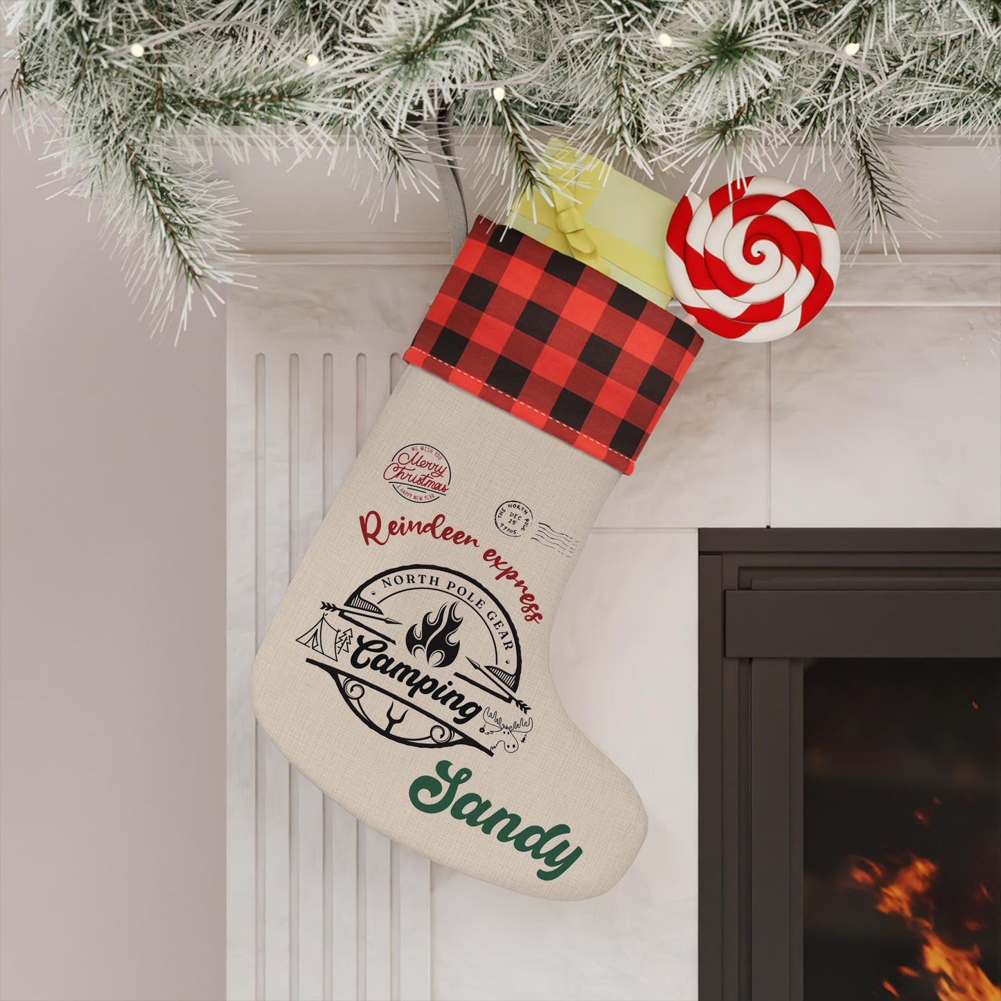 Camping Christmas Stocking Custom Name - Rustic Mountains Christmas Cabin Decor