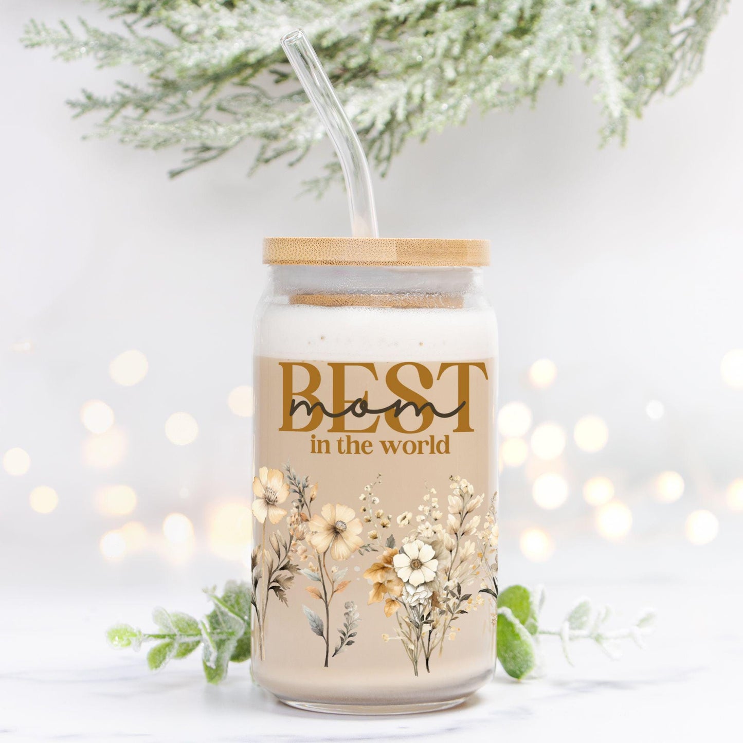 Floral Tumbler for Mom gift Mothers Day- Iced Coffee Glass Cup for Mama