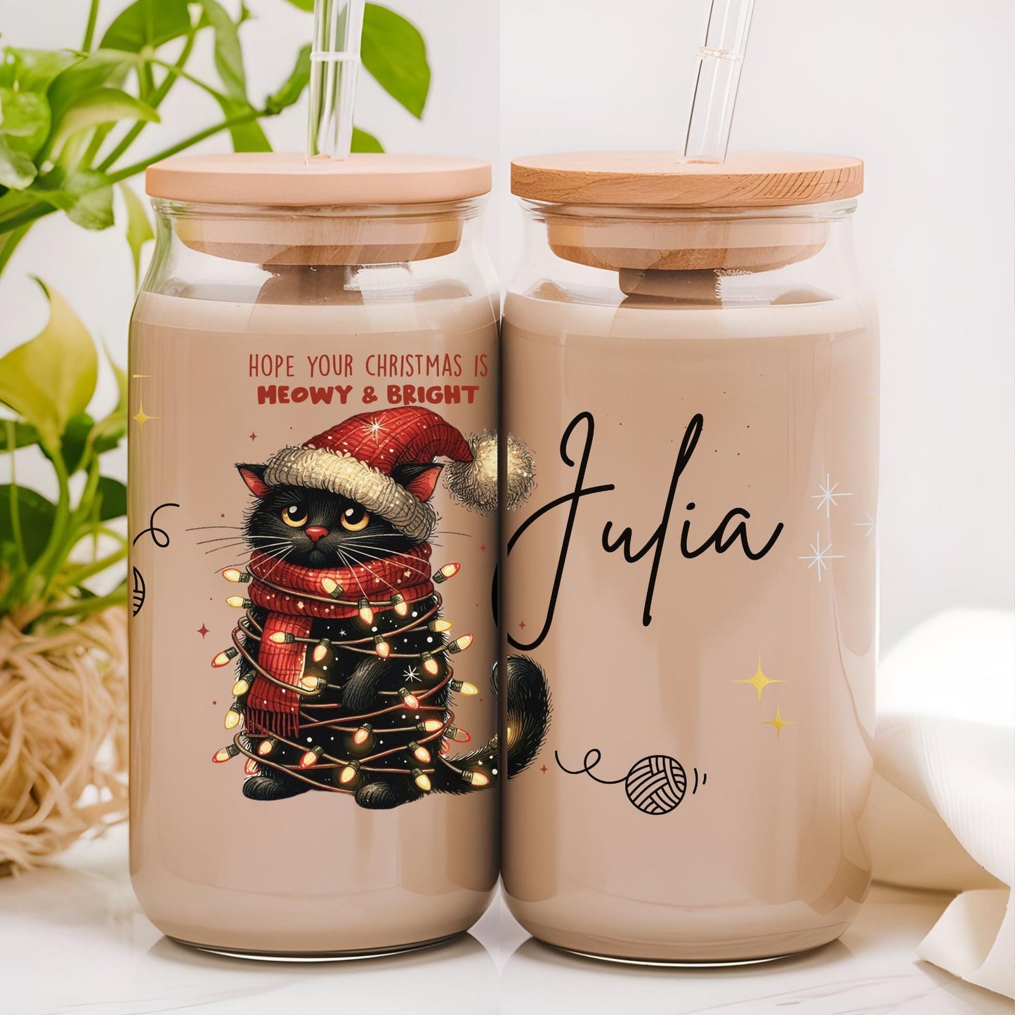 Christmas Cat Glass Tumbler Holiday Gift for Friends and family