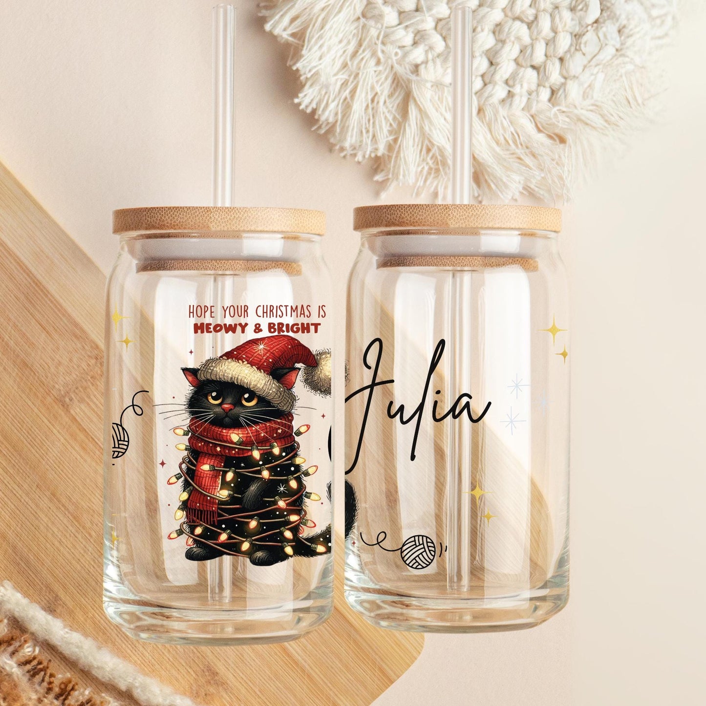 Christmas Cat Glass Tumbler Holiday Gift for Friends and family