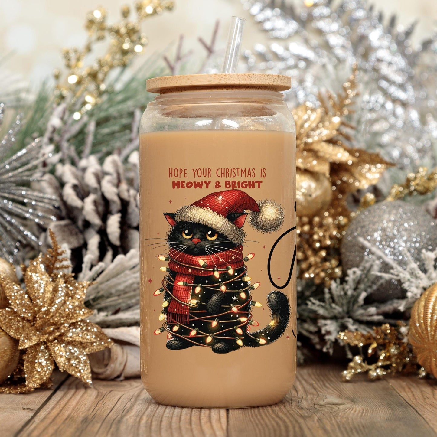 Christmas Cat Glass Tumbler Holiday Gift for Friends and family