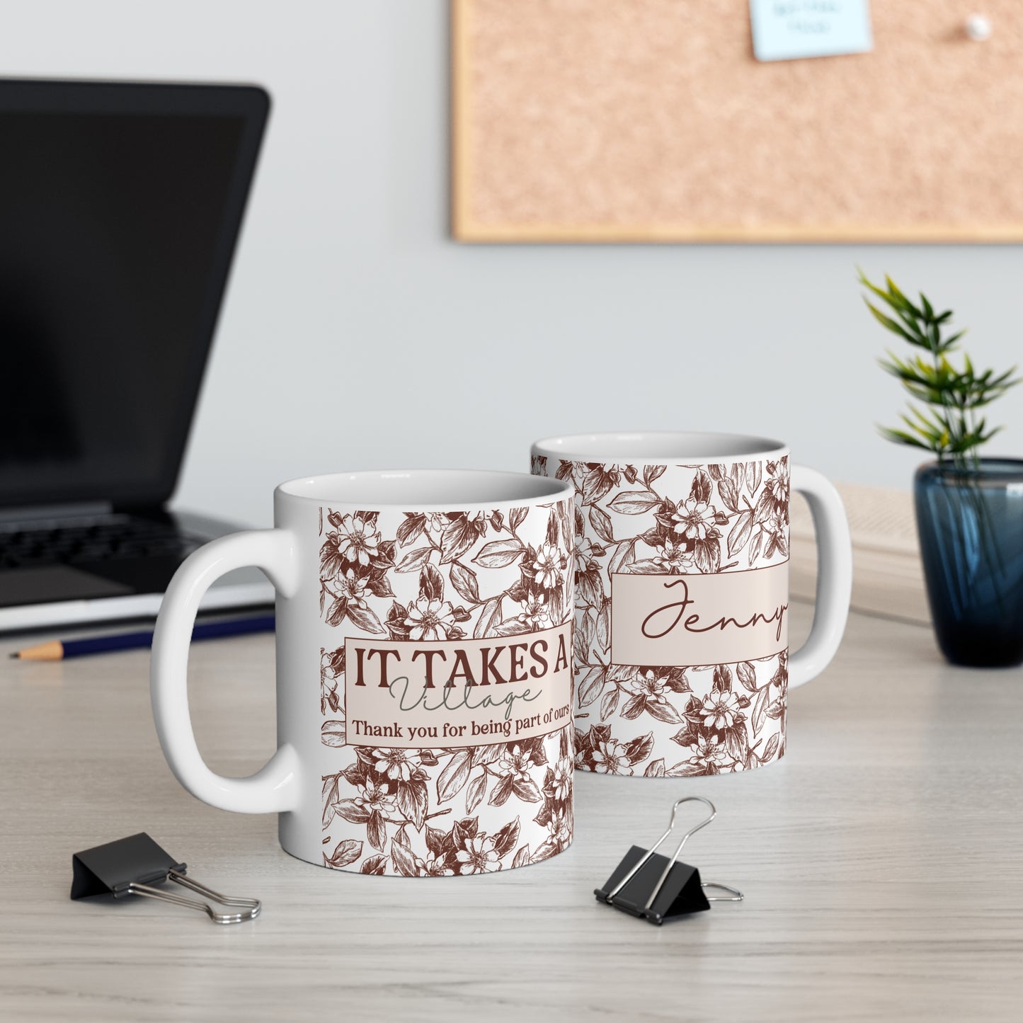 Thank you gift idea Floral Mug -Custom Name Coffee Cup It takes a Village