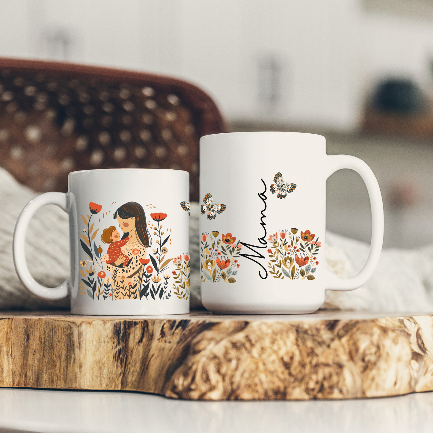 Mom Floral Mug Custom Gift - Mama Flowers Mug Folk Art Gift