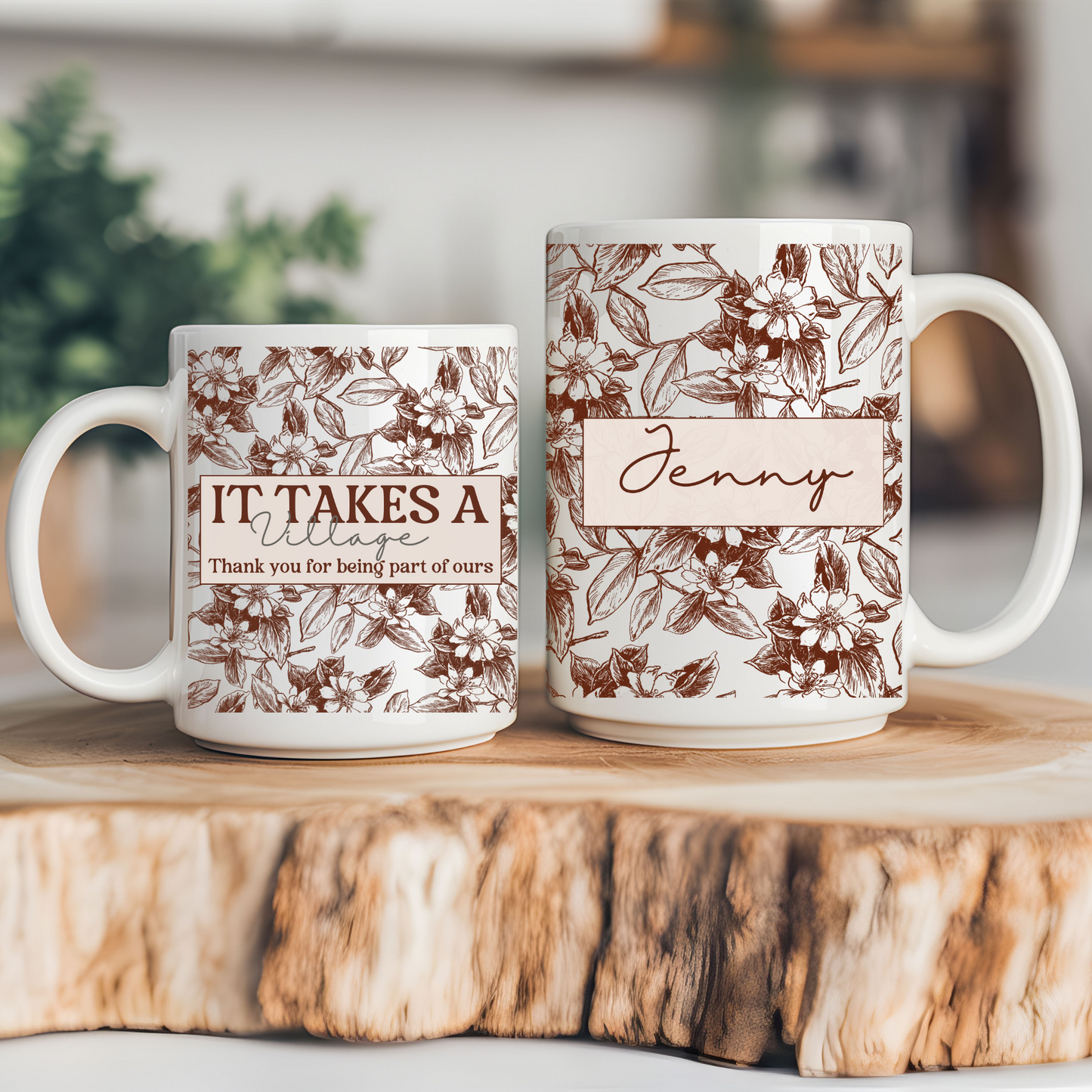 Thank you gift idea Floral Mug -Custom Name Coffee Cup It takes a Village