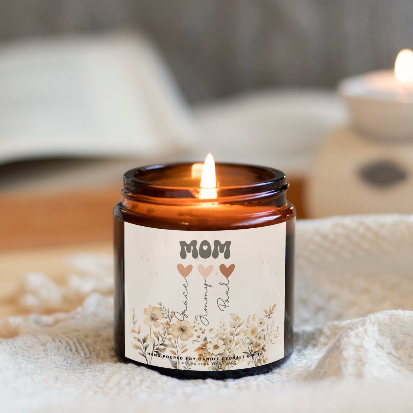 Mom Floral Candle Gift Custom Mother's Day -Mama Candle with Kids Names