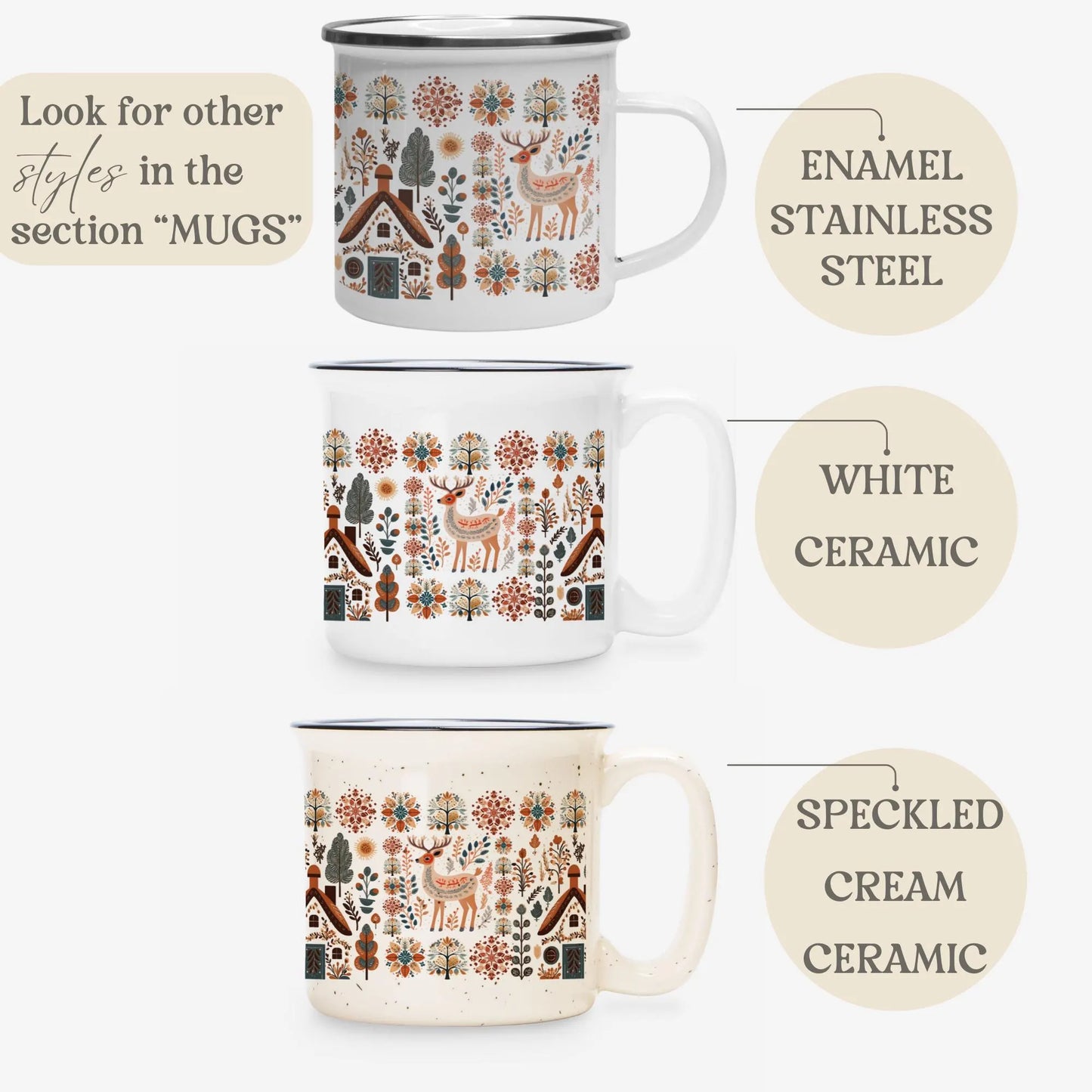 Deer Nordic Mug Folk Art Gift - Scandinavian Decor Mountains Cabin