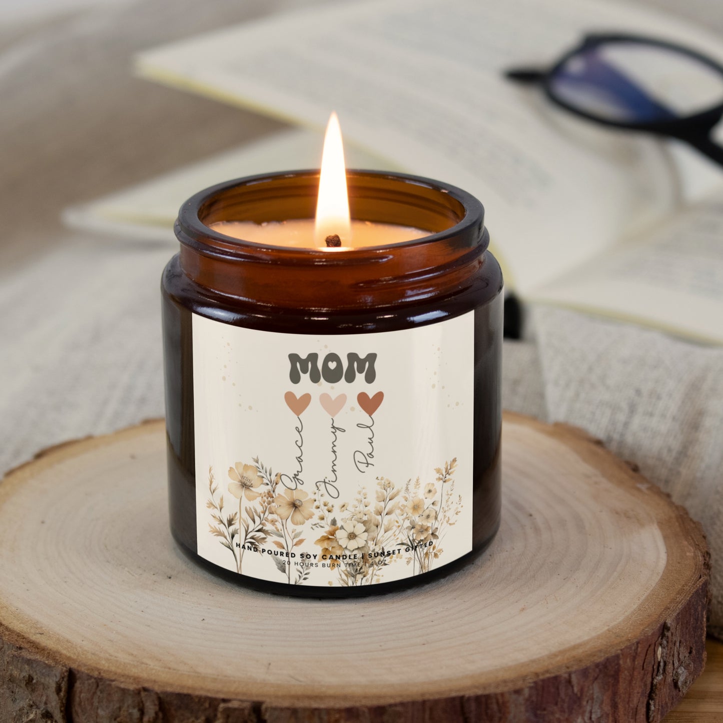 Mom Floral Candle Gift Custom Mother's Day -Mama Candle with Kids Names