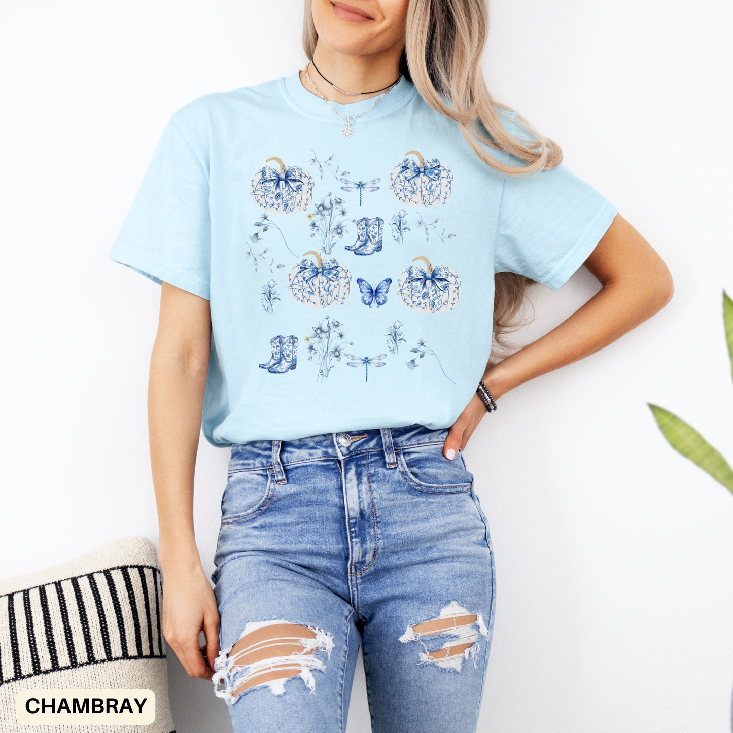 Blue Coquette Pumpkin T-Shirt-Fall Pumpkin Patch Outfit