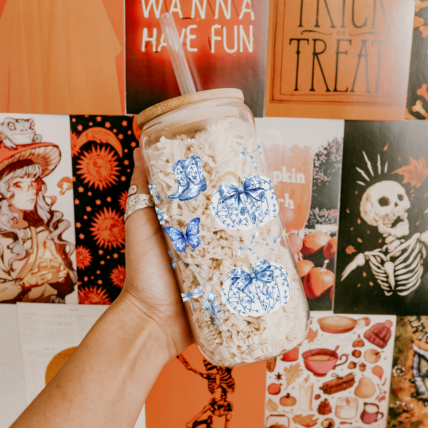 Blue Pumpkin Coquette Tumbler - Floral Fall Mug for Girl