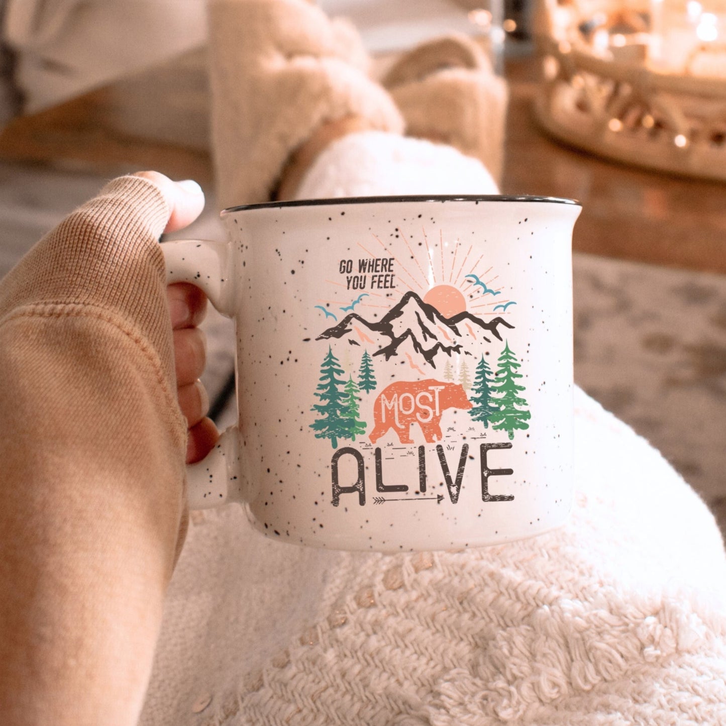 Camping Outdoors Lover Gift Ceramic Camp Mug Bear Rustic Cup for Cabin owner