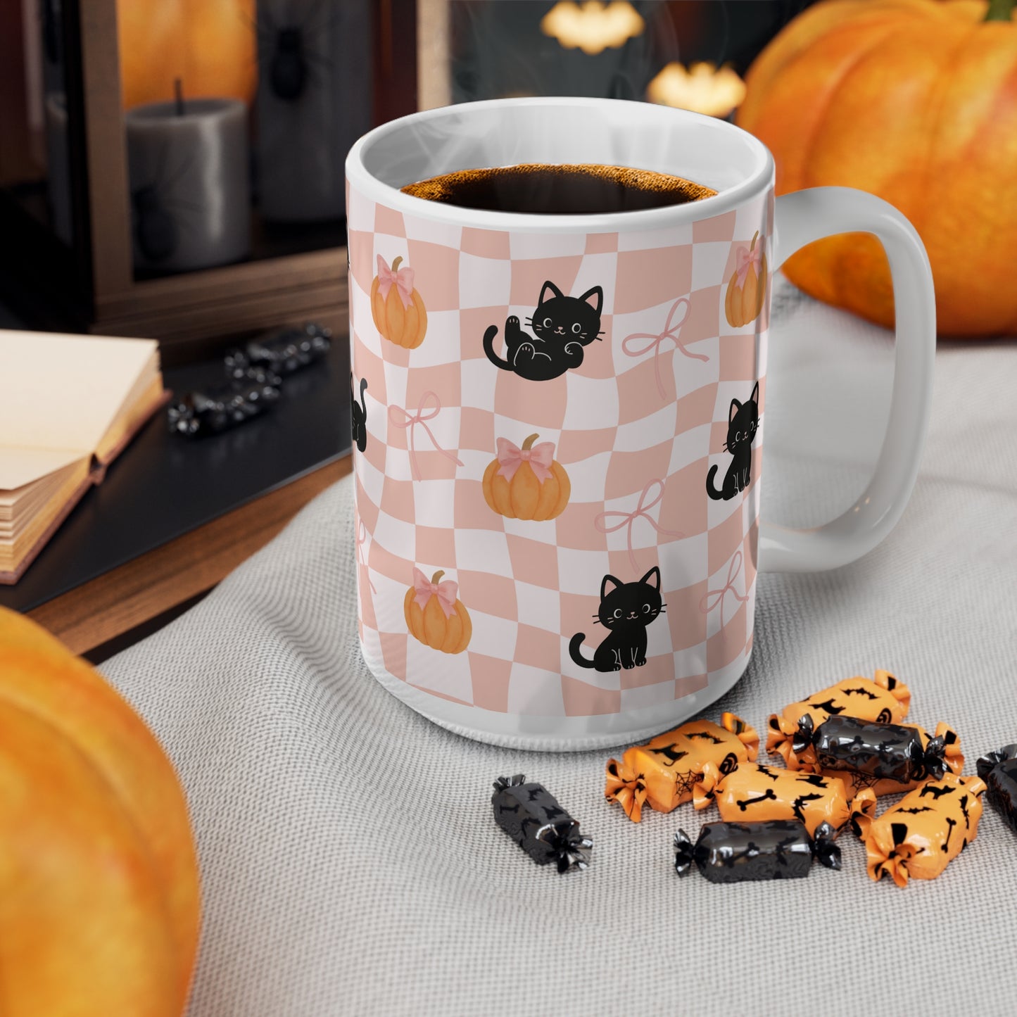 Pink Halloween Cat Pumpkin Mug Gift - Fall Vibes Cat Mom Gift