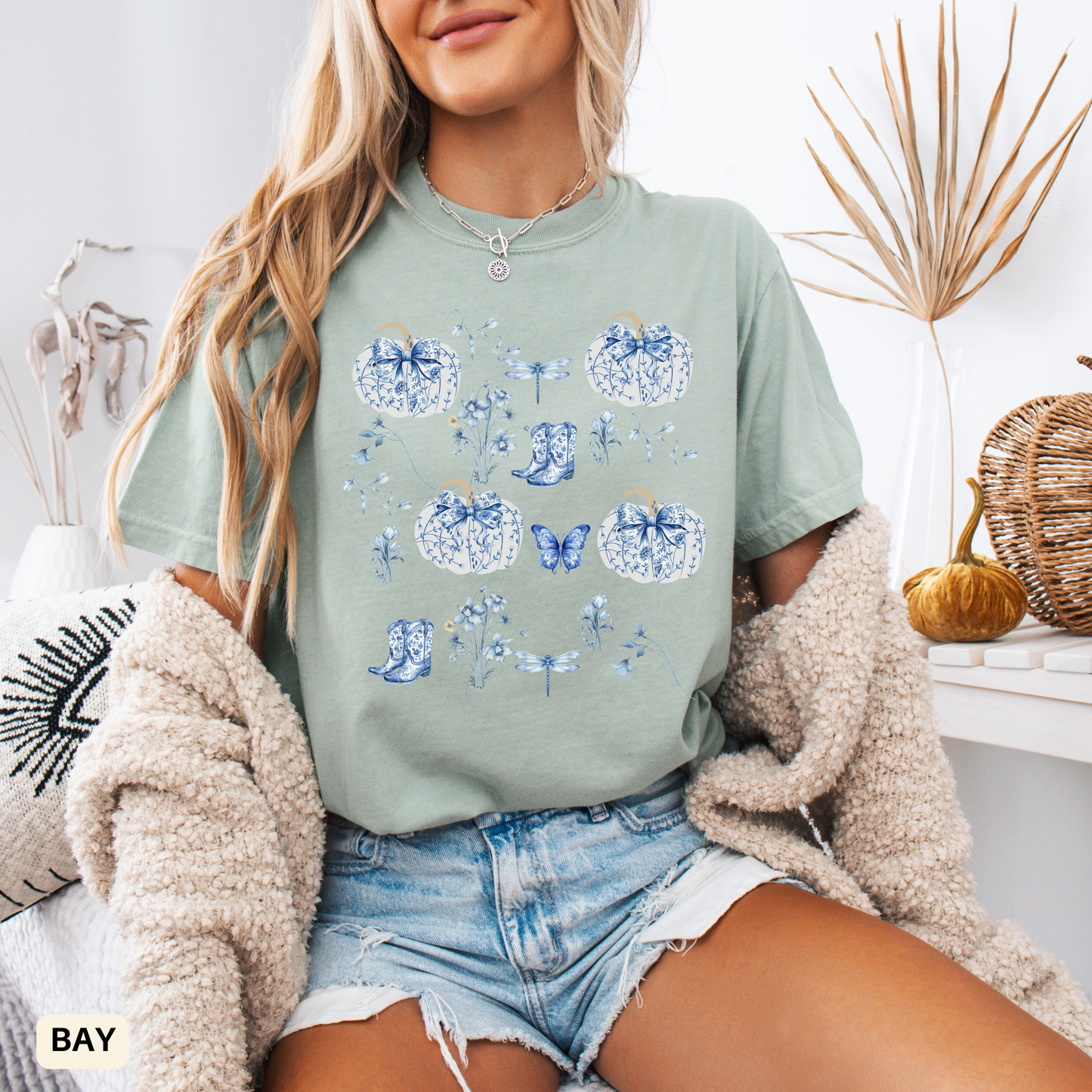 Blue Coquette Pumpkin T-Shirt-Fall Pumpkin Patch Outfit