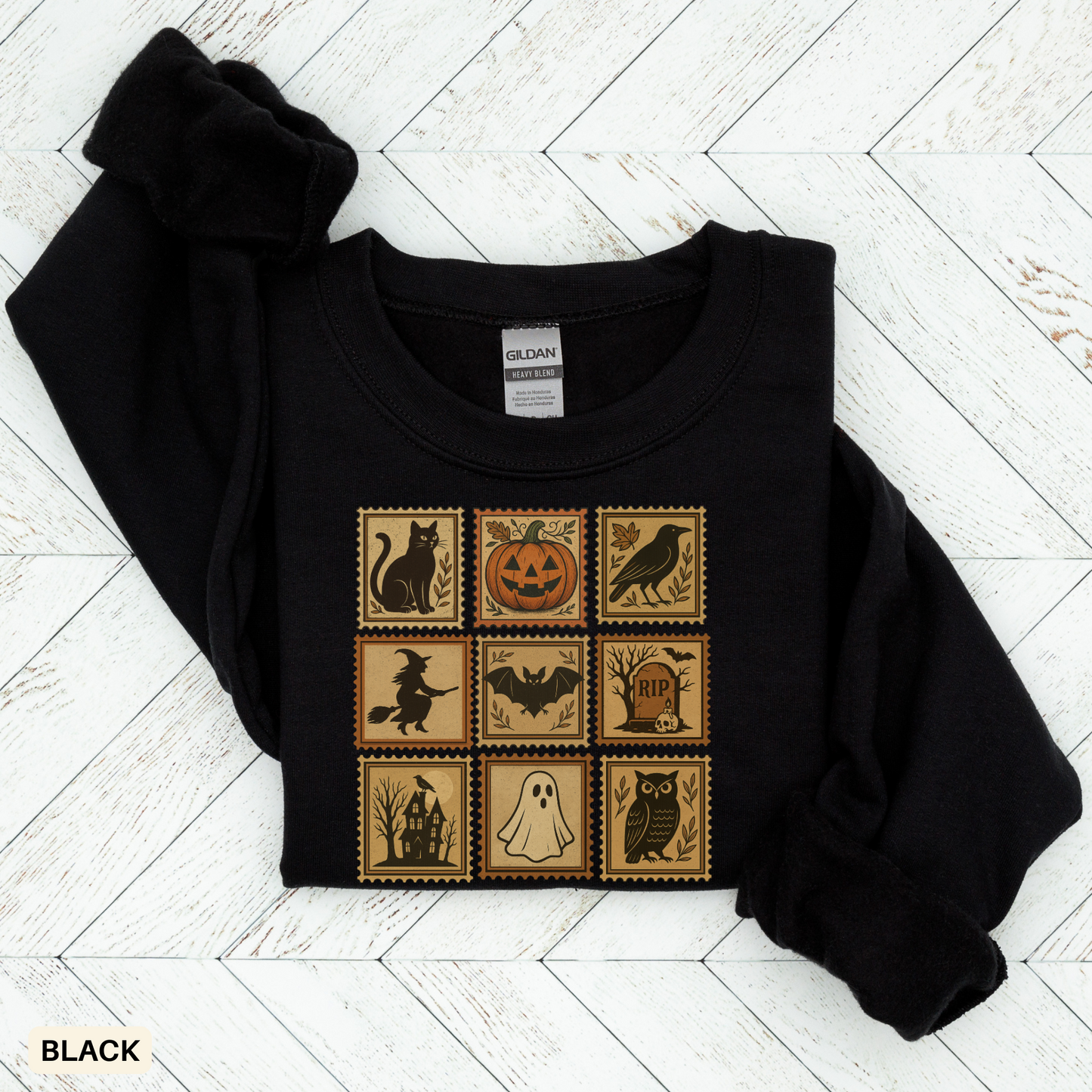 Halloween Vintage Stamps Cat and pumpkins Crewneck - Cozy Fall Sweatshirt Outfit
