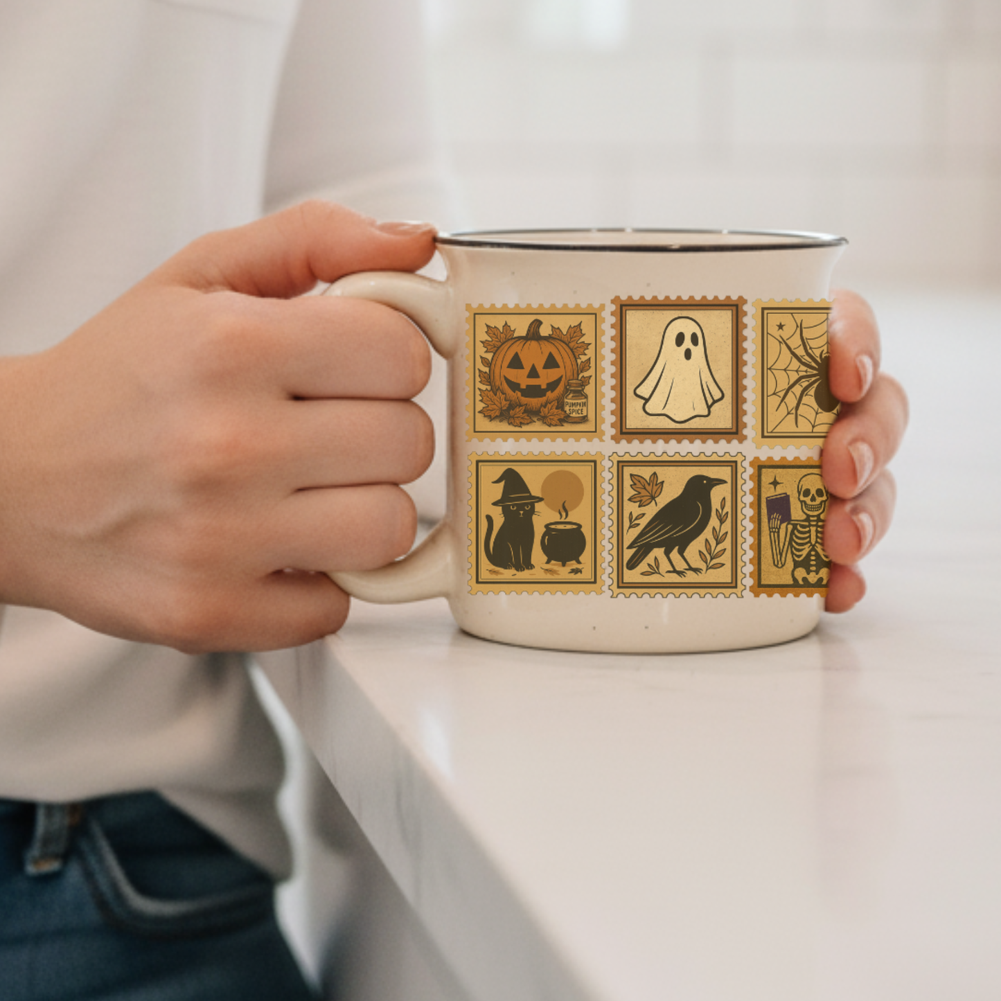 Vintage Halloween Camping Mug Gift Pumpkins, Ghost and Cats