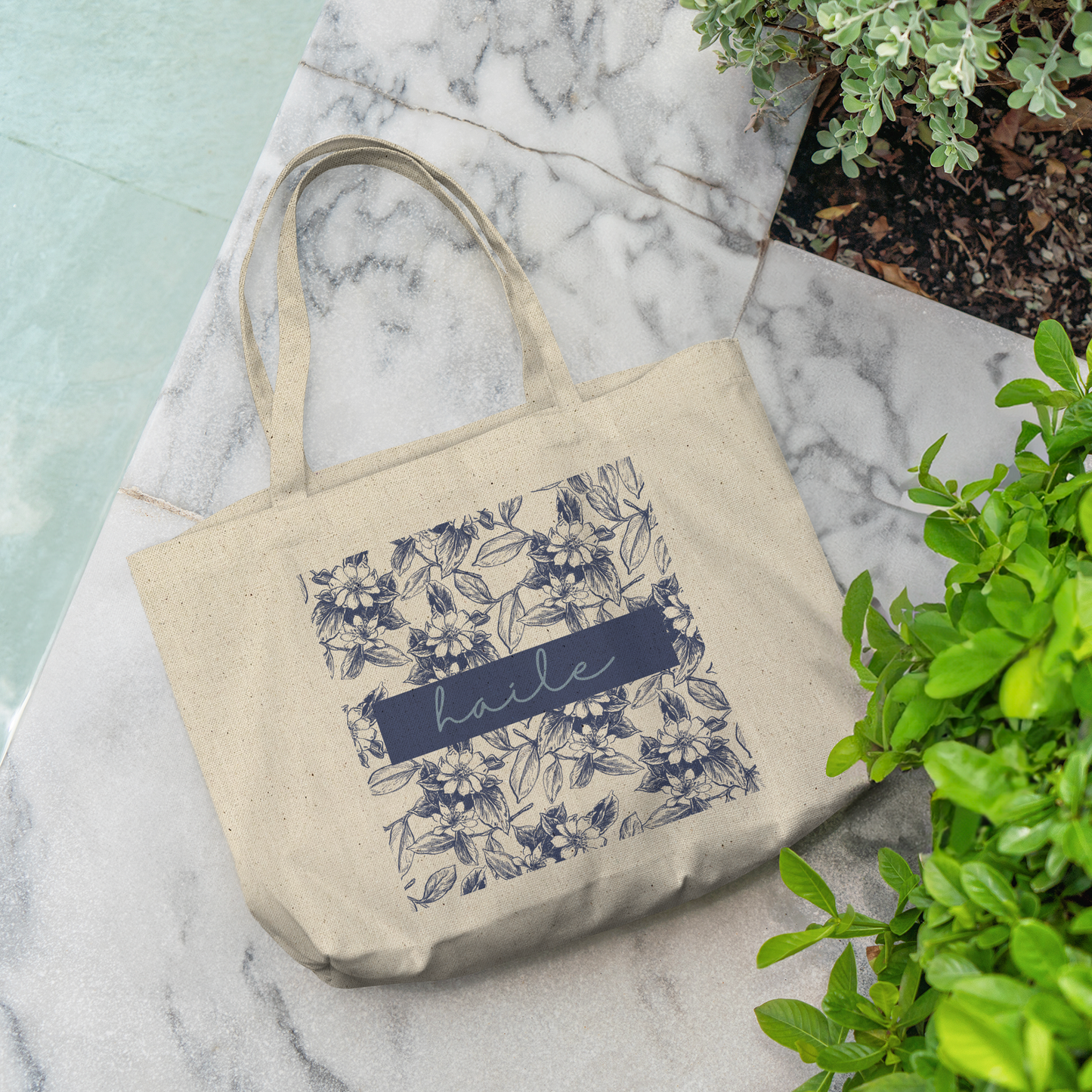 Floral Tote bag custom name gift- Blue Toile Botanical Tote for women appreciation