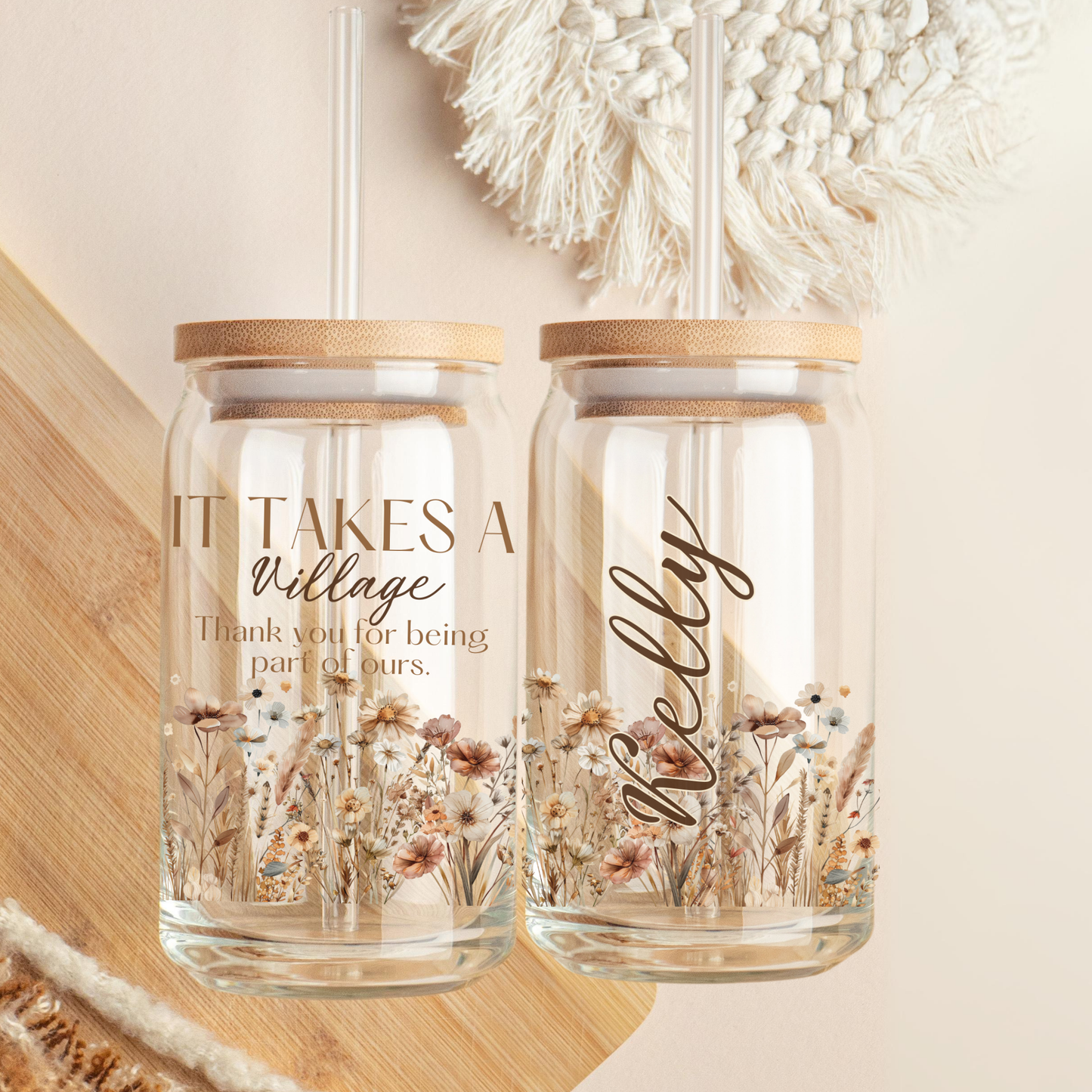 Floral Glass Coffee Cup- Thank you Gift Teachers, Moms, Grandma and Daycare