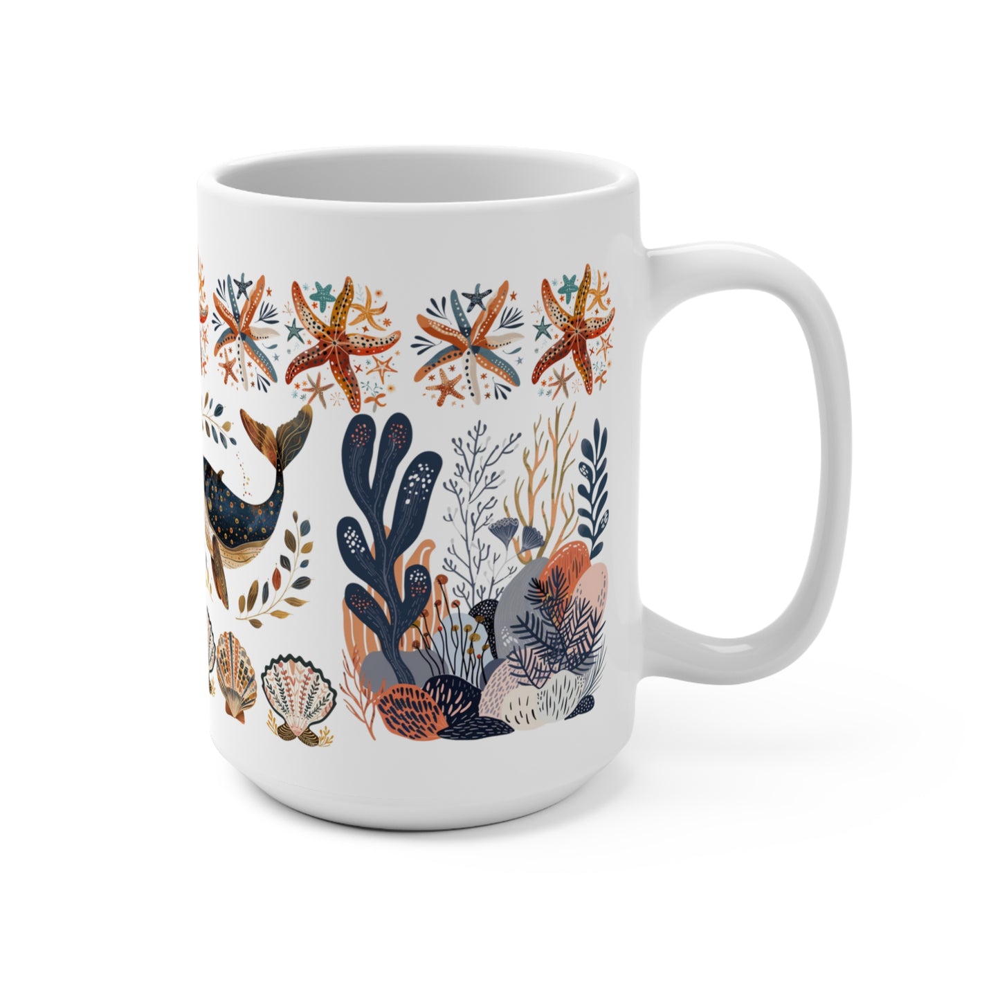 Coastal Marine Life Mug - Whales and Starfish Art Cup for Ocean and beach Lover Gift
