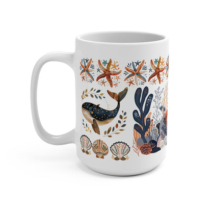Coastal Marine Life Mug - Whales and Starfish Art Cup for Ocean and beach Lover Gift